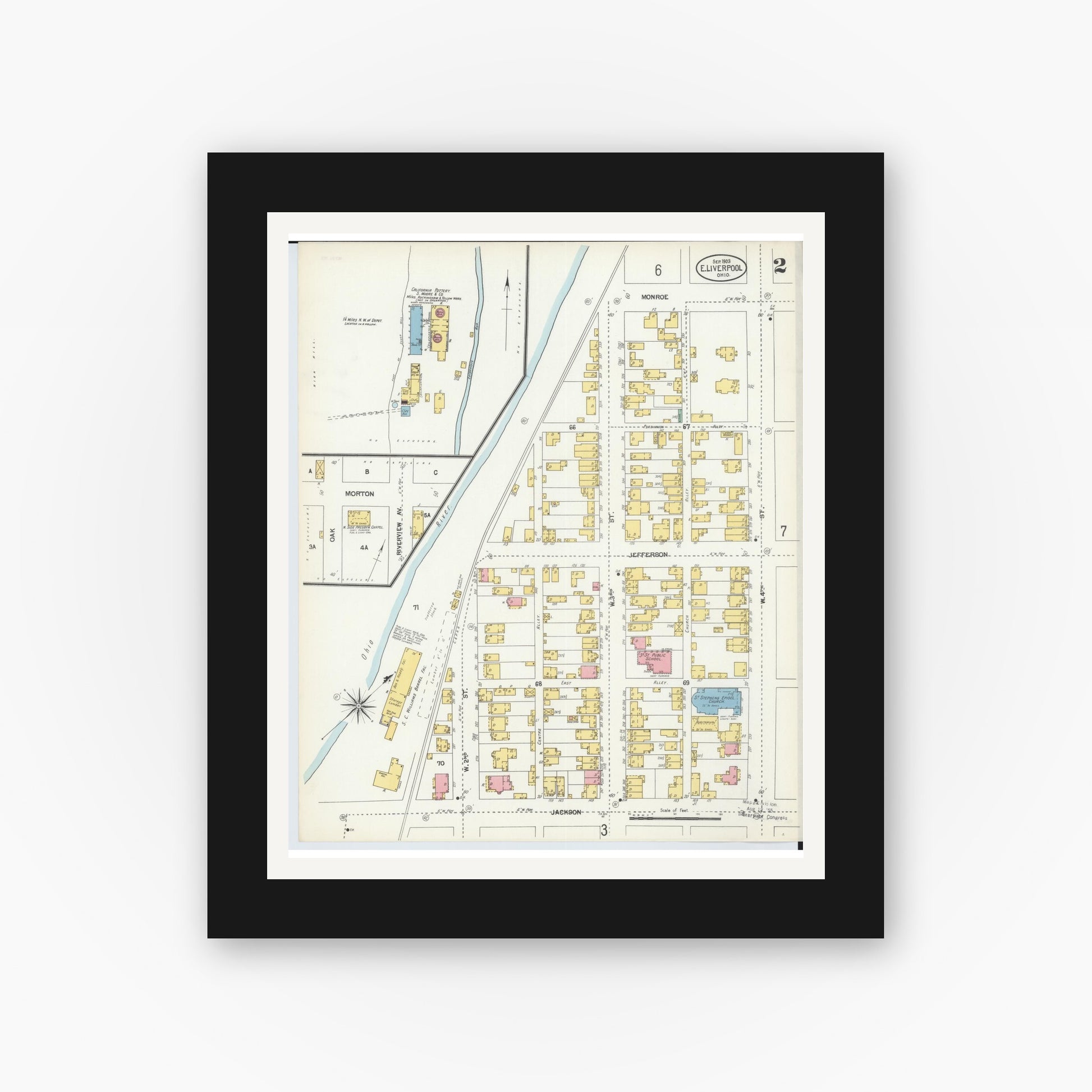 Old map wall art mockup — black gallery frame with white mat — Sanborn Fire Insurance Map from East Liverpool, Columbiana County, Ohio (1903), Sheet #0002
