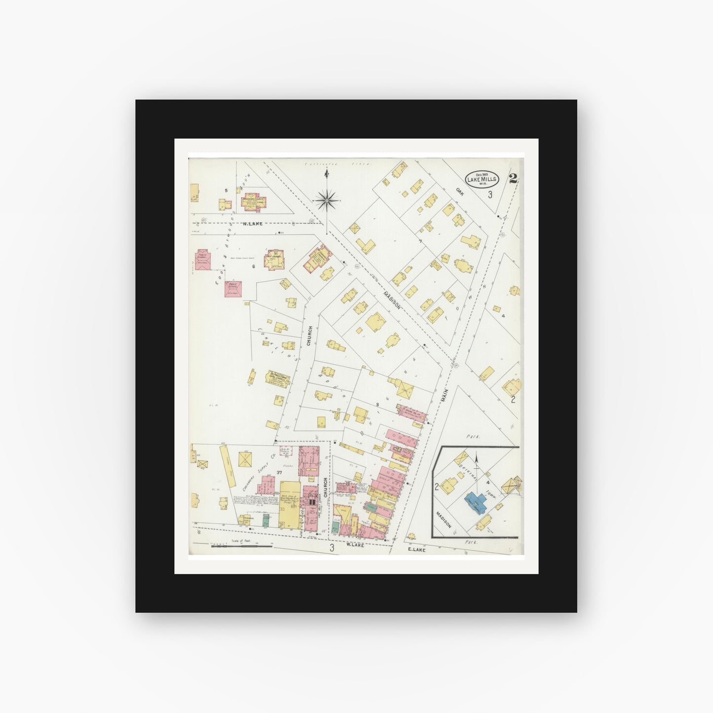 Old map wall art mockup — black gallery frame with white mat — Sanborn Fire Insurance Map from Lake Mills, Jefferson County, Wisconsin (1903), Sheet #0002