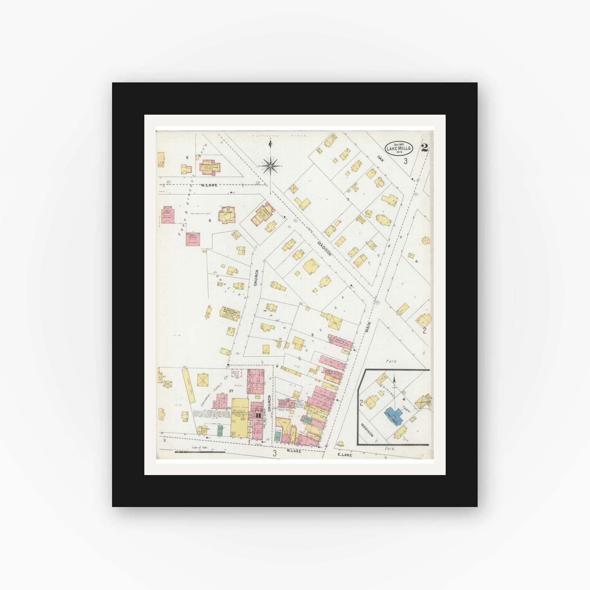 Old map wall art mockup — black gallery frame with white mat — Sanborn Fire Insurance Map from Lake Mills, Jefferson County, Wisconsin (1903), Sheet #0002