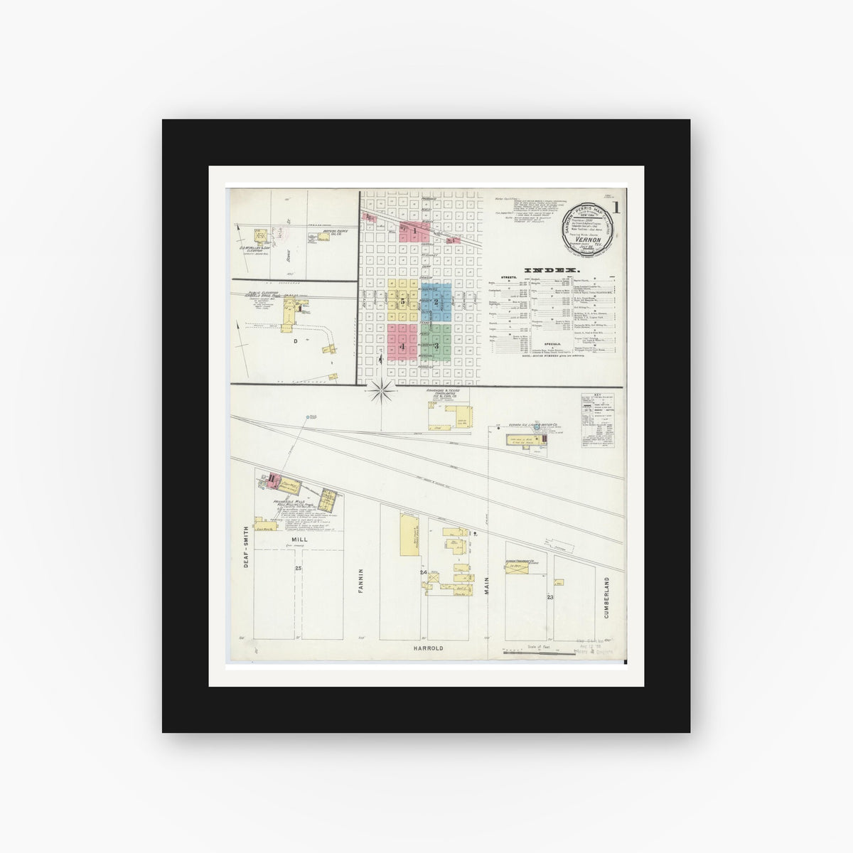 Old map wall art mockup — black gallery frame with white mat — Sanborn Fire Insurance Map from Vernon, Wilbarger County, Texas (1896), Sheet #0001