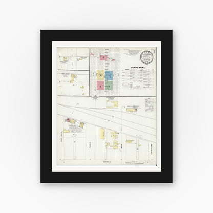 Old map wall art mockup — black gallery frame with white mat — Sanborn Fire Insurance Map from Vernon, Wilbarger County, Texas (1896), Sheet #0001