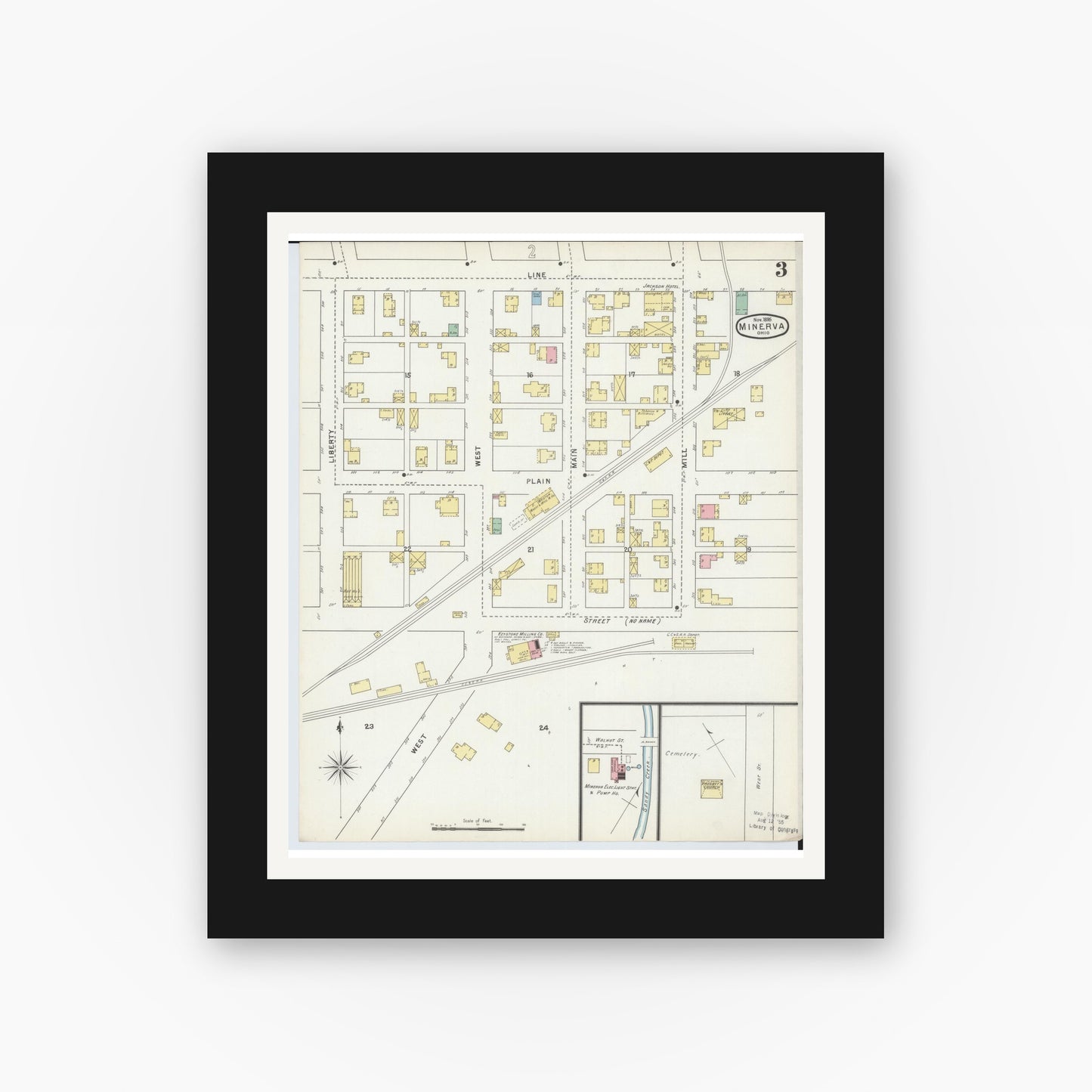Old map wall art mockup — black gallery frame with white mat — Sanborn Fire Insurance Map from Minerva, Stark And Carroll Counties, Ohio (1895), Sheet #0003