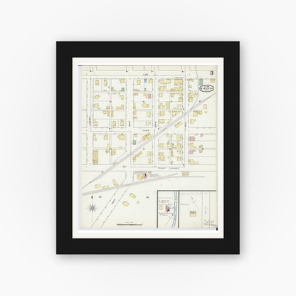 Old map wall art mockup — black gallery frame with white mat — Sanborn Fire Insurance Map from Minerva, Stark And Carroll Counties, Ohio (1895), Sheet #0003
