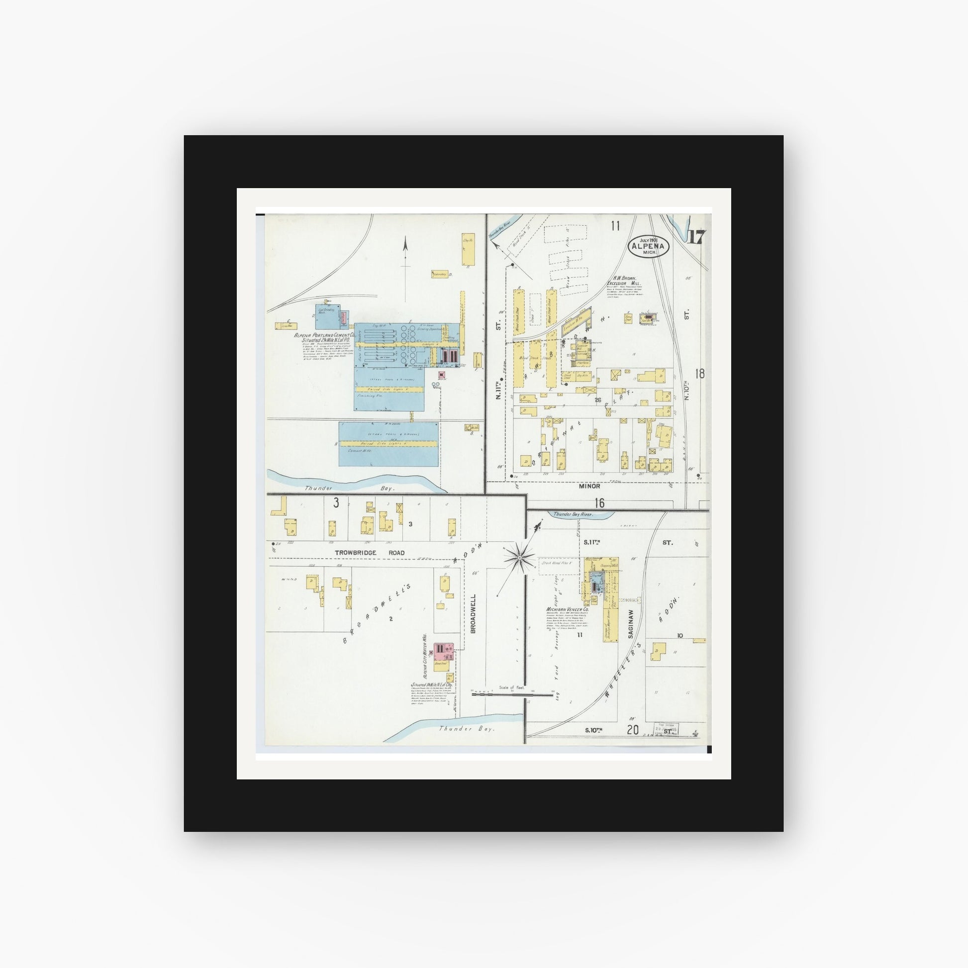 Old map wall art mockup — black gallery frame with white mat — Sanborn Fire Insurance Map from Alpena, Alpena County, Michigan (1901), Sheet #0017