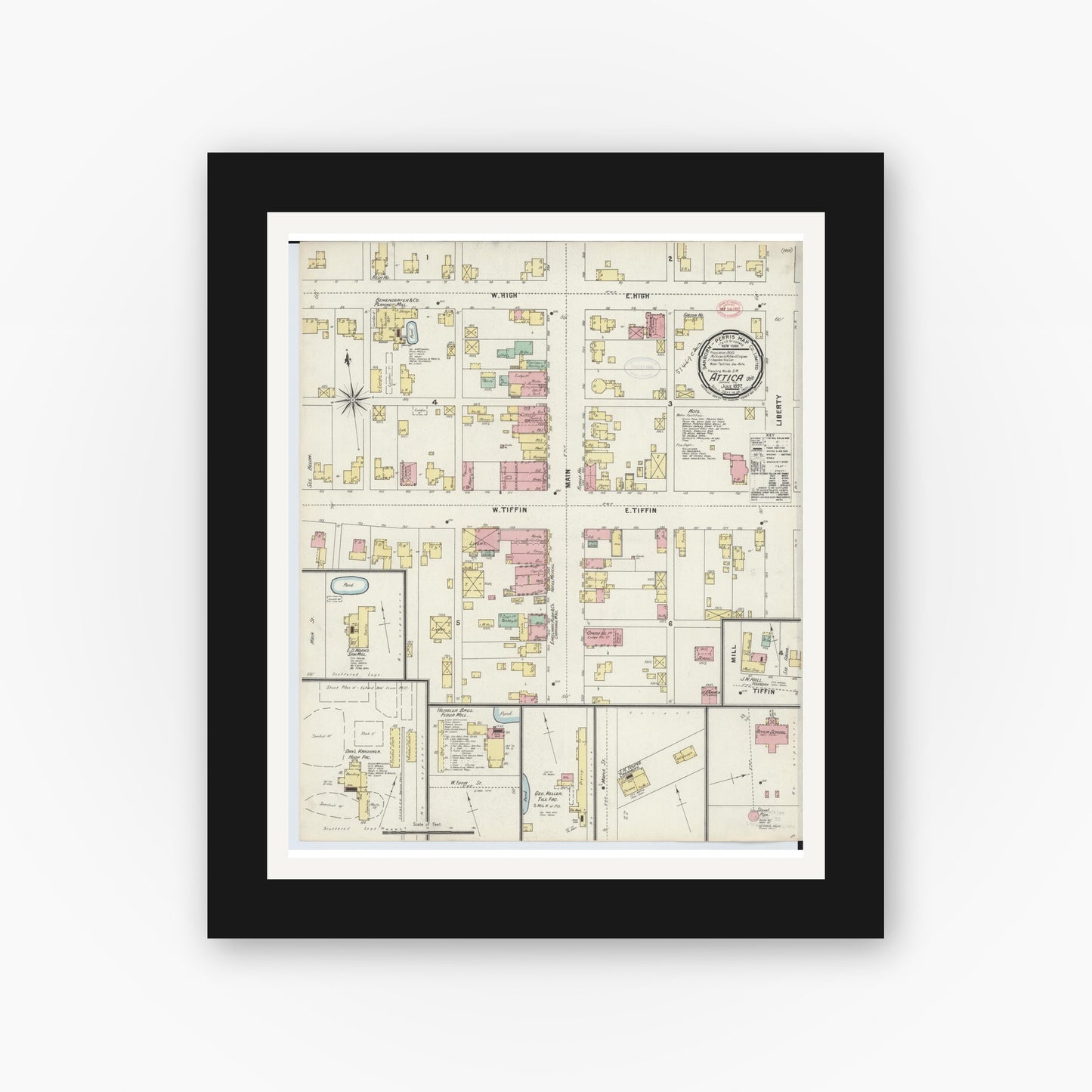 Old map wall art mockup — black gallery frame with white mat — Sanborn Fire Insurance Map from Attica, Seneca County, Ohio (1897), Sheet #0001