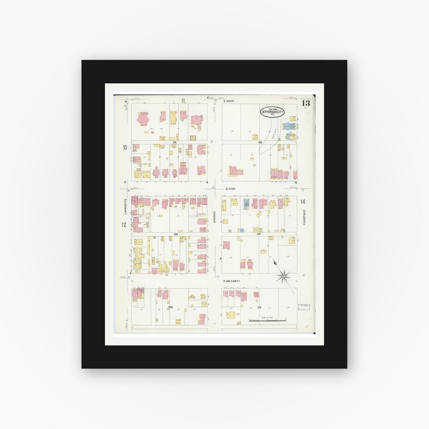 Old map wall art mockup — black gallery frame with white mat — Sanborn Fire Insurance Map from Jefferson City, Cole County, Missouri (1908), Sheet #0013