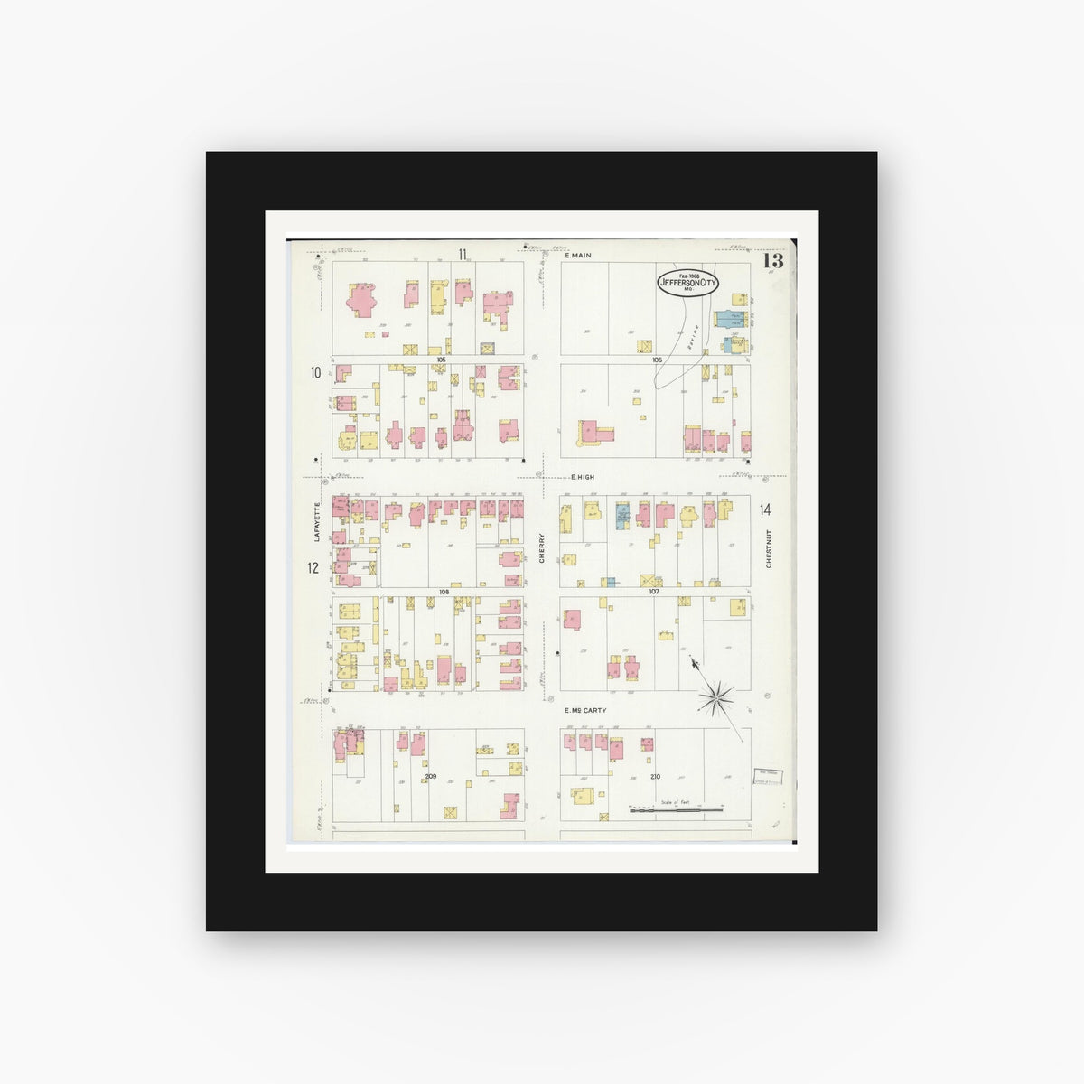 Old map wall art mockup — black gallery frame with white mat — Sanborn Fire Insurance Map from Jefferson City, Cole County, Missouri (1908), Sheet #0013