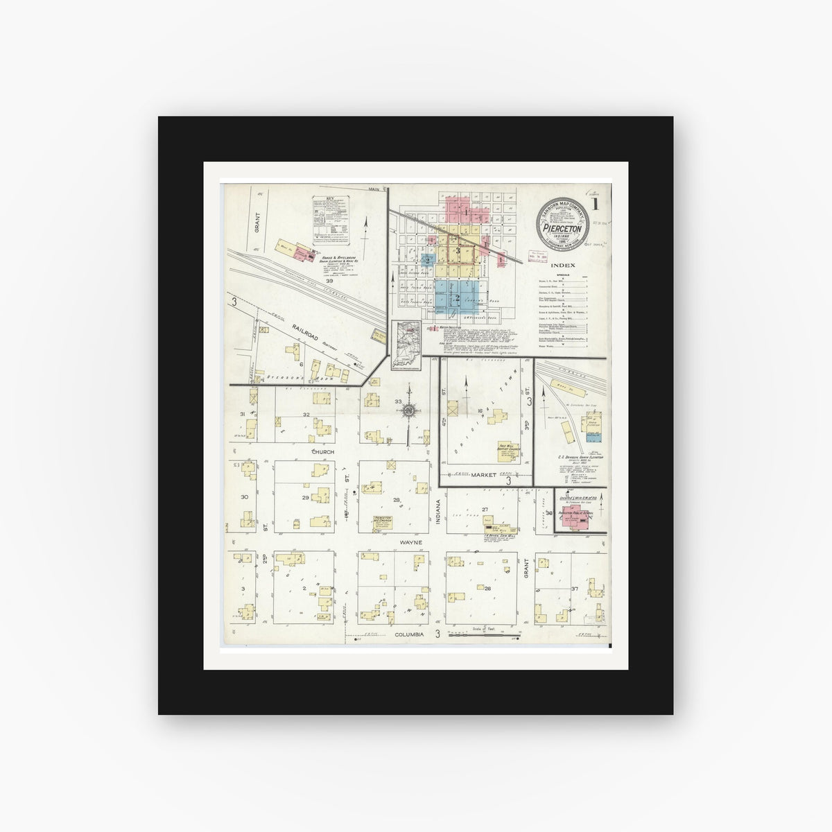 Old map wall art mockup — black gallery frame with white mat — Sanborn Fire Insurance Map from Pierceton, Kosciusko County, Indiana (1914), Sheet #0001