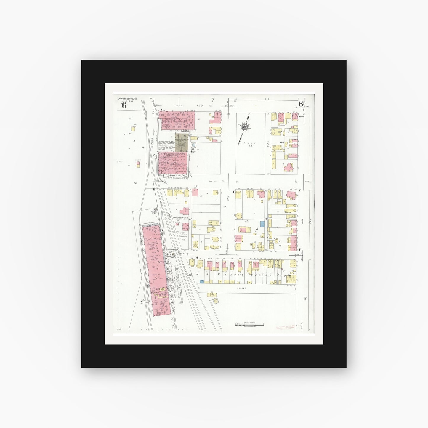 Old map wall art mockup — black gallery frame with white mat — Sanborn Fire Insurance Map from Lawrenceburg, Dearborn County, Indiana (1939), Sheet #0006