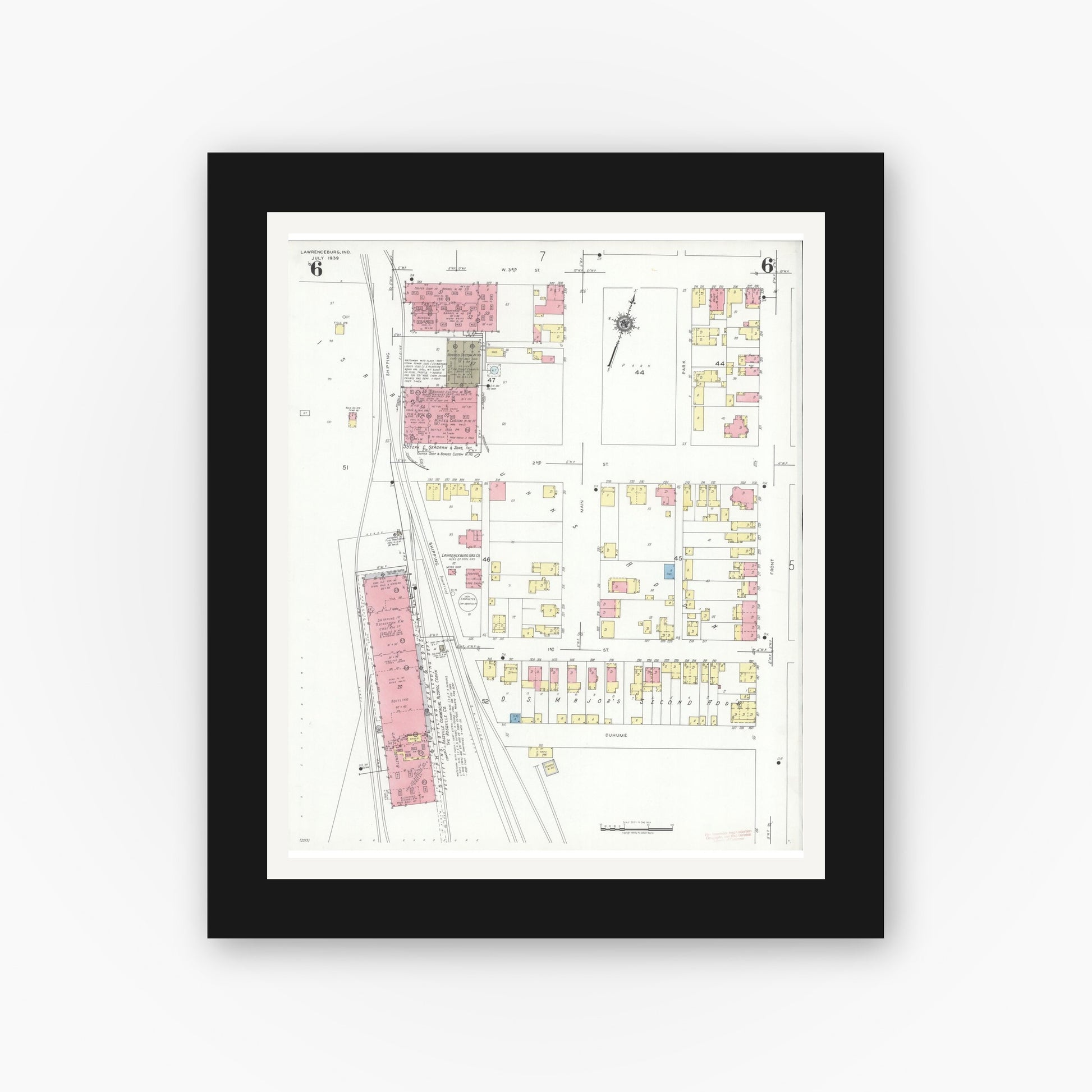 Old map wall art mockup — black gallery frame with white mat — Sanborn Fire Insurance Map from Lawrenceburg, Dearborn County, Indiana (1939), Sheet #0006