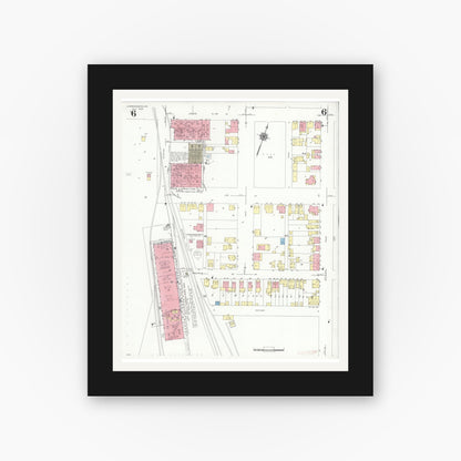 Old map wall art mockup — black gallery frame with white mat — Sanborn Fire Insurance Map from Lawrenceburg, Dearborn County, Indiana (1939), Sheet #0006