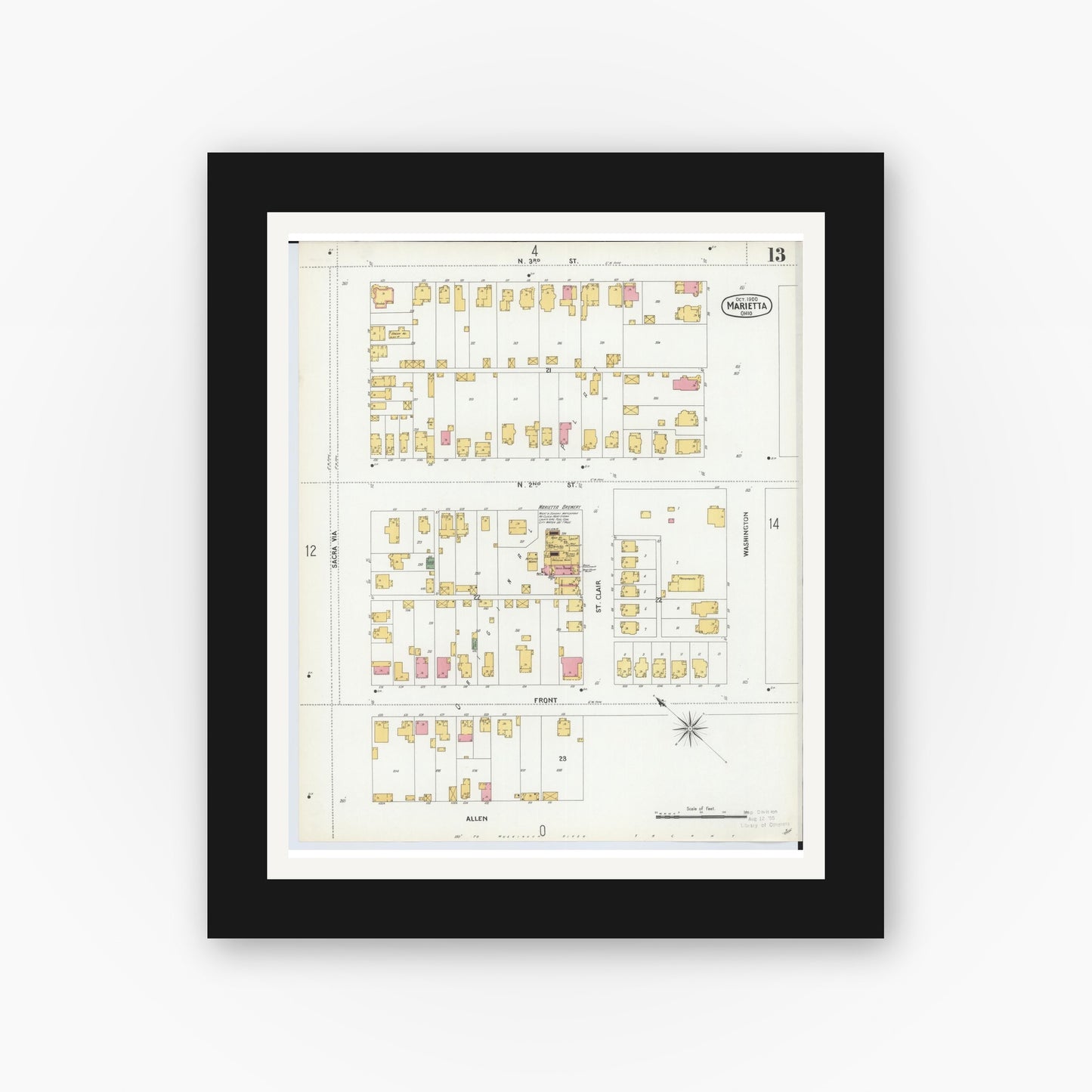 Old map wall art mockup — black gallery frame with white mat — Sanborn Fire Insurance Map from Marietta, Washington County, Ohio (1900), Sheet #0013