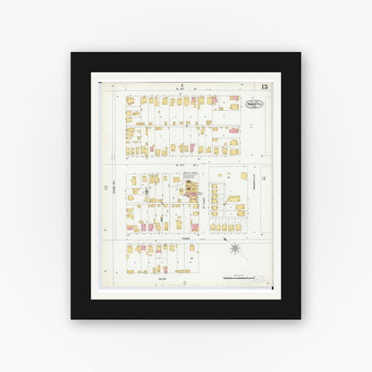 Old map wall art mockup — black gallery frame with white mat — Sanborn Fire Insurance Map from Marietta, Washington County, Ohio (1900), Sheet #0013