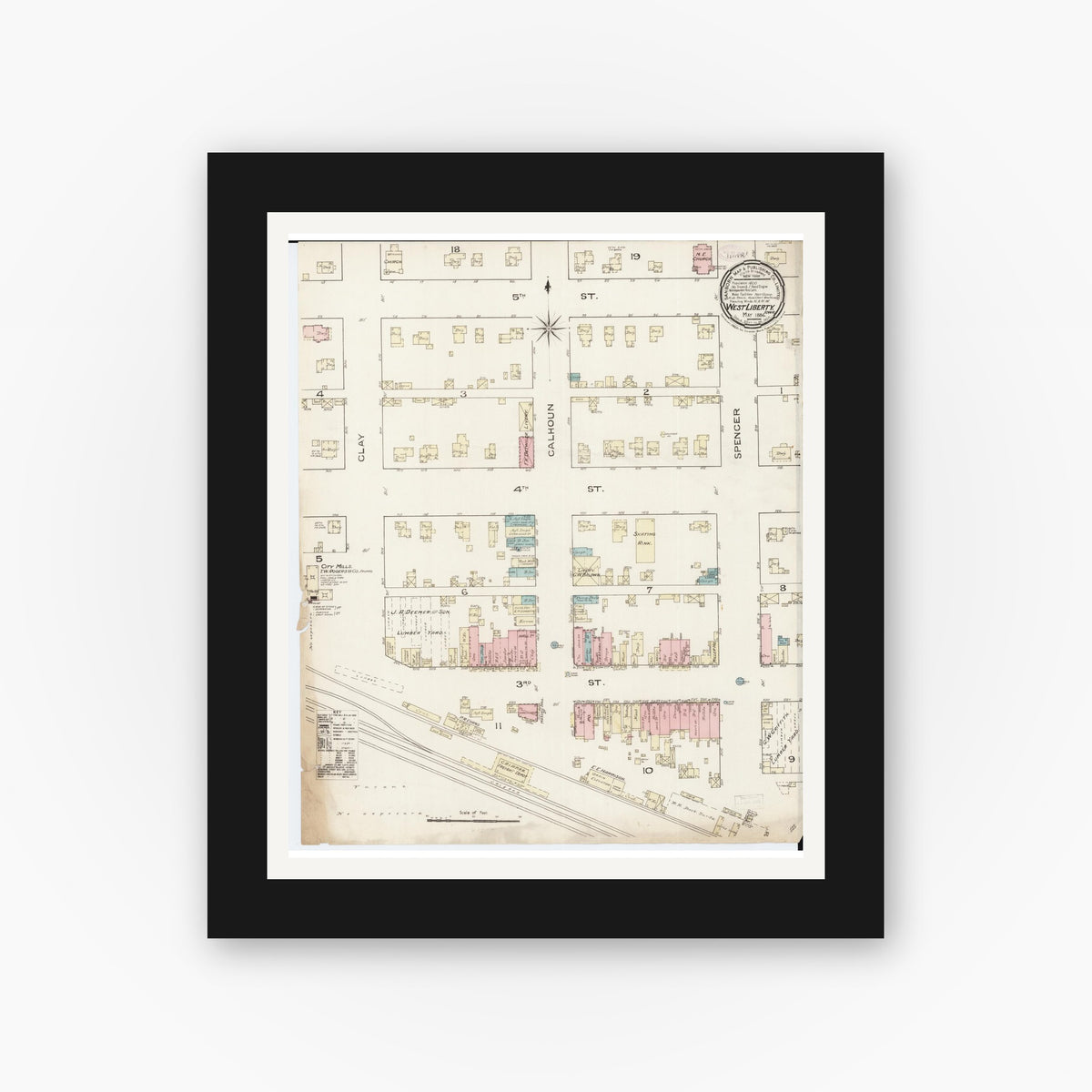 Old map wall art mockup — black gallery frame with white mat — Sanborn Fire Insurance Map from West Liberty, Muscatine County, Iowa (1886), Sheet #0001