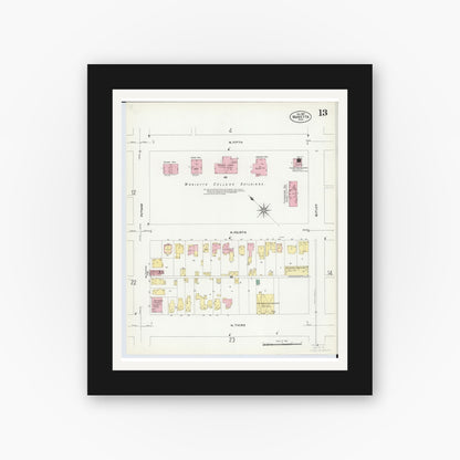 Old map wall art mockup — black gallery frame with white mat — Sanborn Fire Insurance Map from Marietta, Washington County, Ohio (1907), Sheet #0013