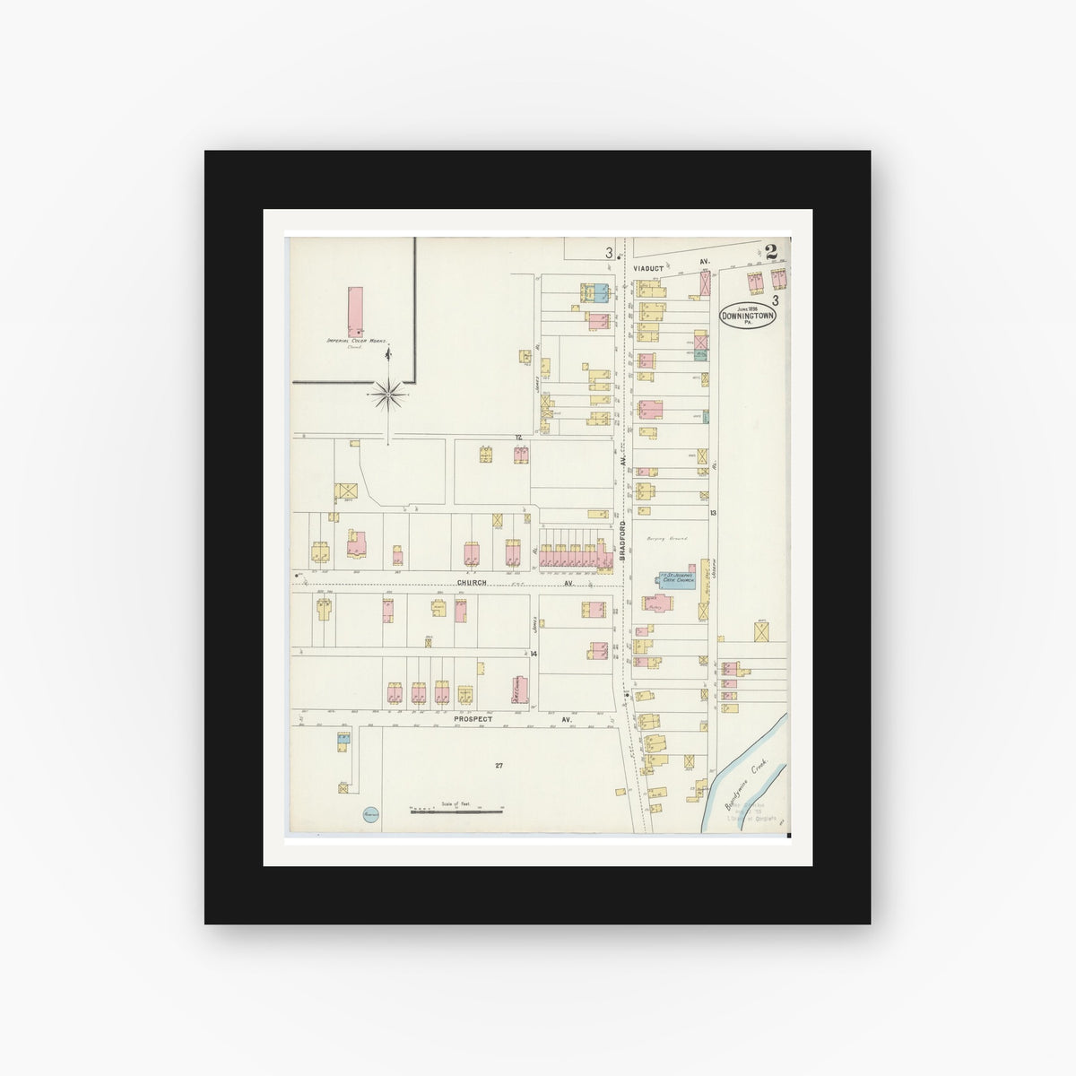 Old map wall art mockup — black gallery frame with white mat — Sanborn Fire Insurance Map from Downingtown, Chester County, Pennsylvania (1898), Sheet #0002