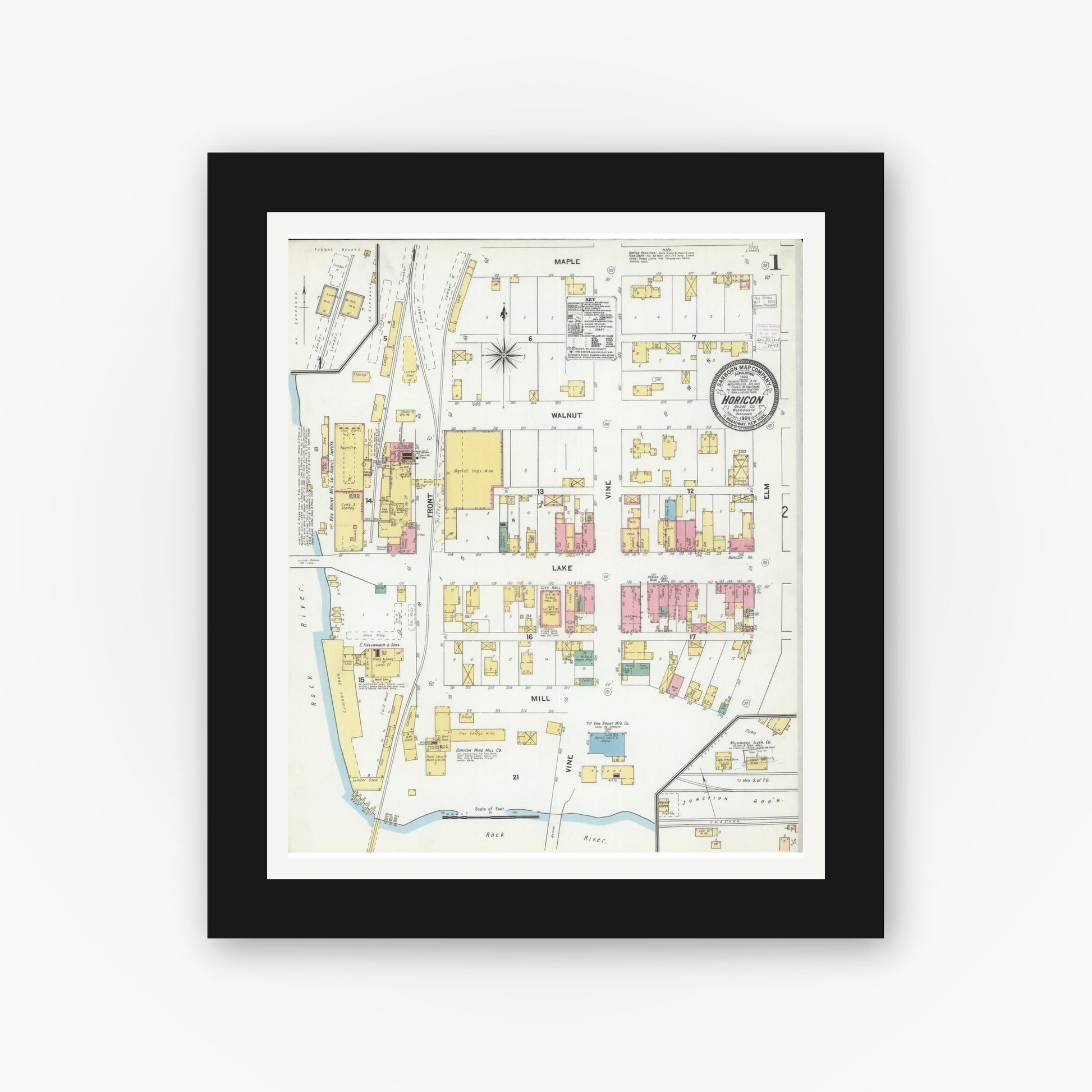Old map wall art mockup — black gallery frame with white mat — Sanborn Fire Insurance Map from Horicon, Dodge County, Wisconsin (1904) - Complete Map Set