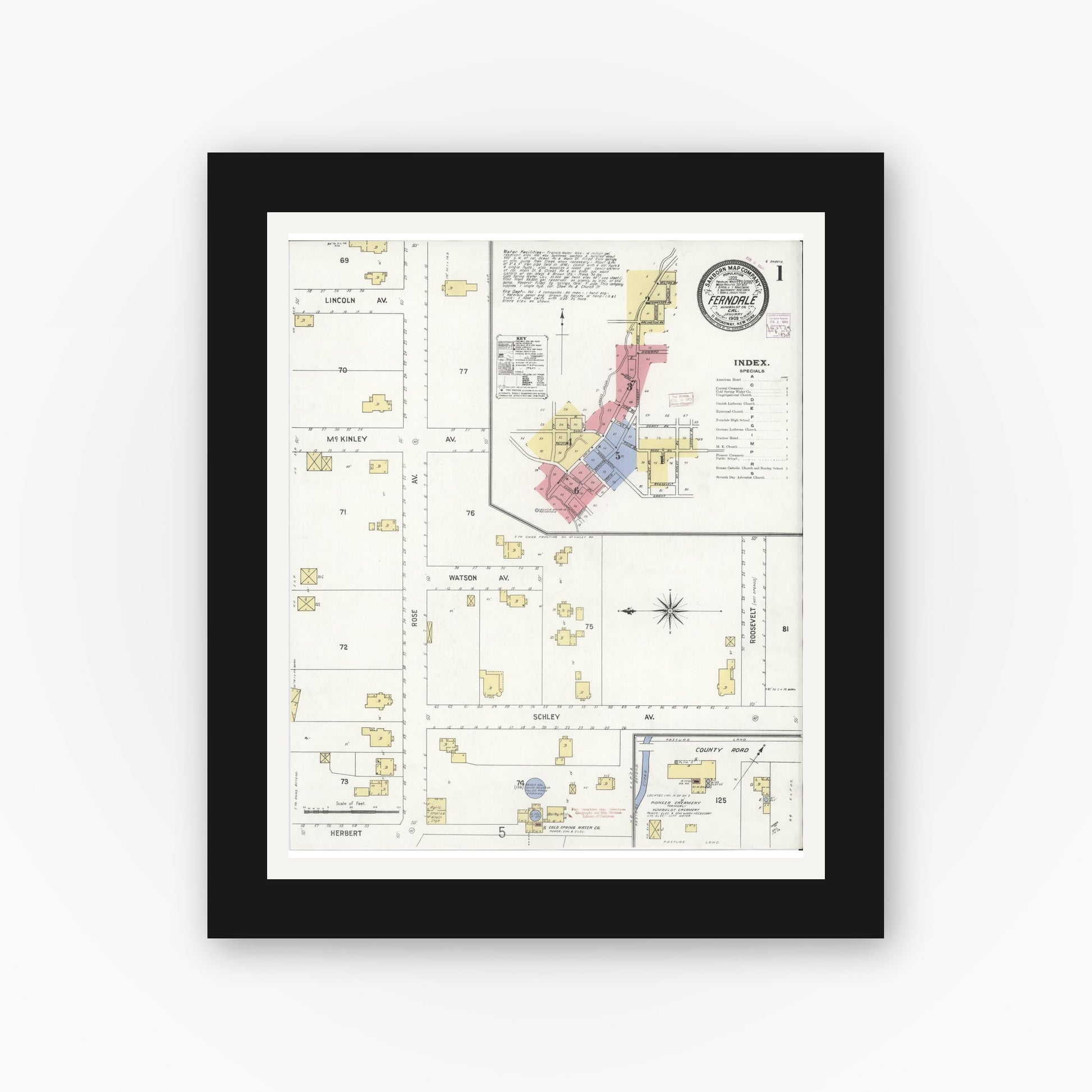 Old map wall art mockup — black gallery frame with white mat — Sanborn Fire Insurance Map from Ferndale, Humboldt County, California (1909) - Complete Map Set