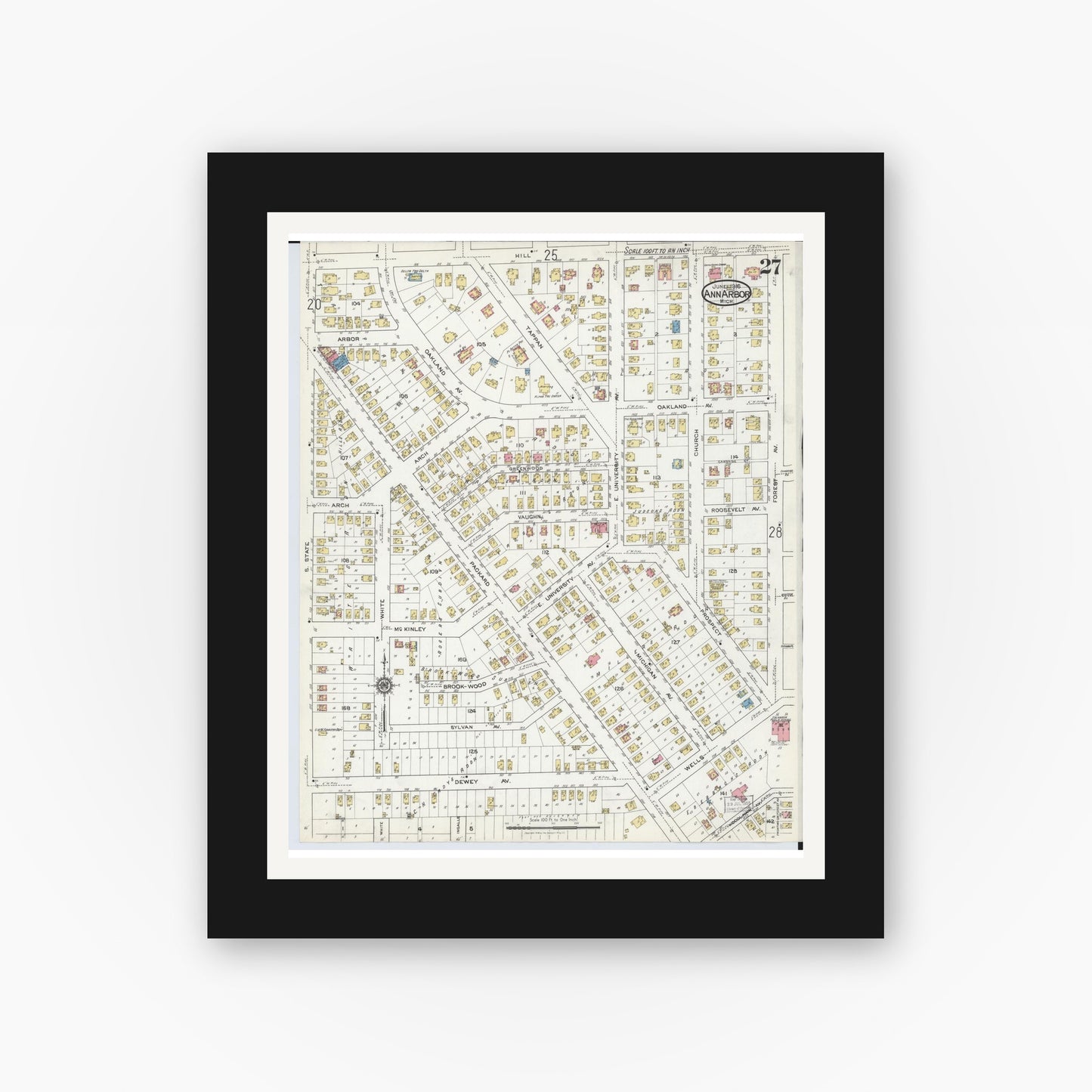 Old map wall art mockup — black gallery frame with white mat — Sanborn Fire Insurance Map from Ann Arbor, Washtenaw County, Michigan (1916), Sheet #0027