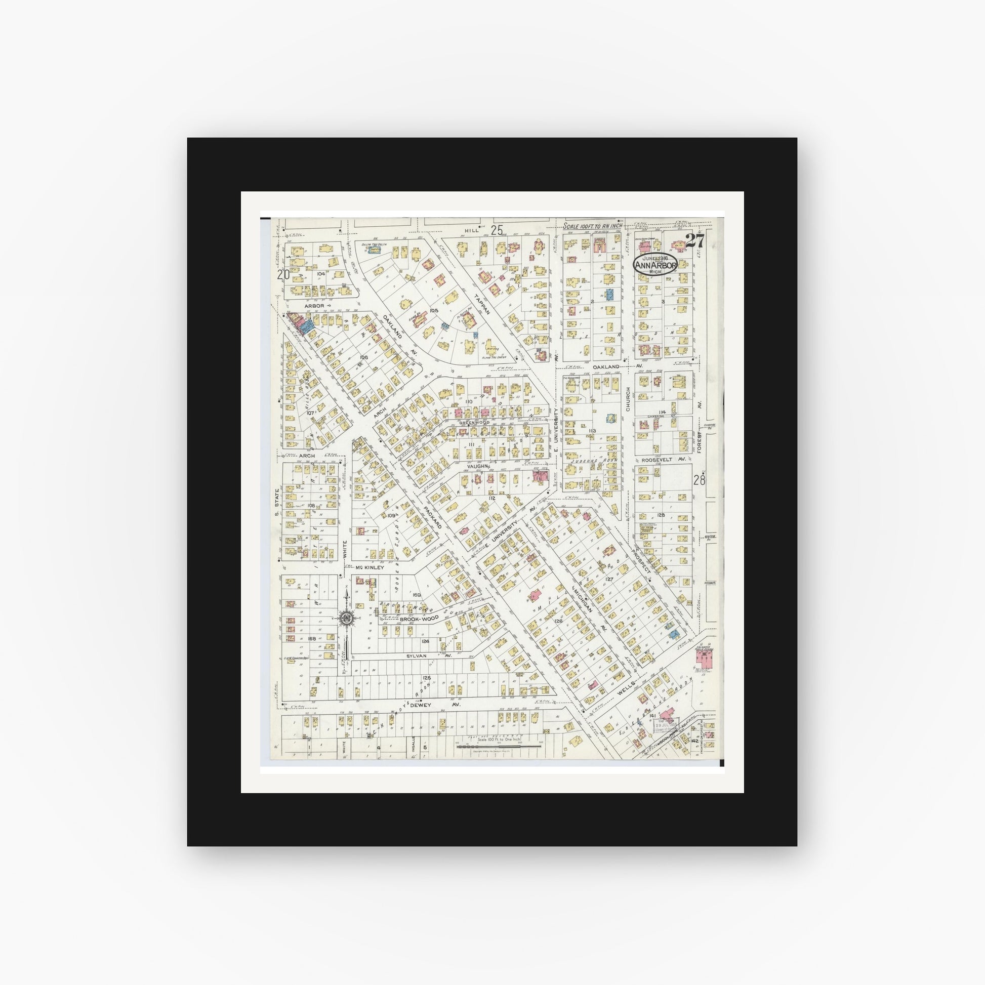 Old map wall art mockup — black gallery frame with white mat — Sanborn Fire Insurance Map from Ann Arbor, Washtenaw County, Michigan (1916), Sheet #0027