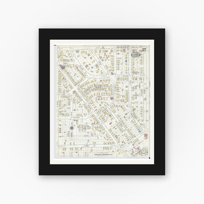 Old map wall art mockup — black gallery frame with white mat — Sanborn Fire Insurance Map from Ann Arbor, Washtenaw County, Michigan (1916), Sheet #0027