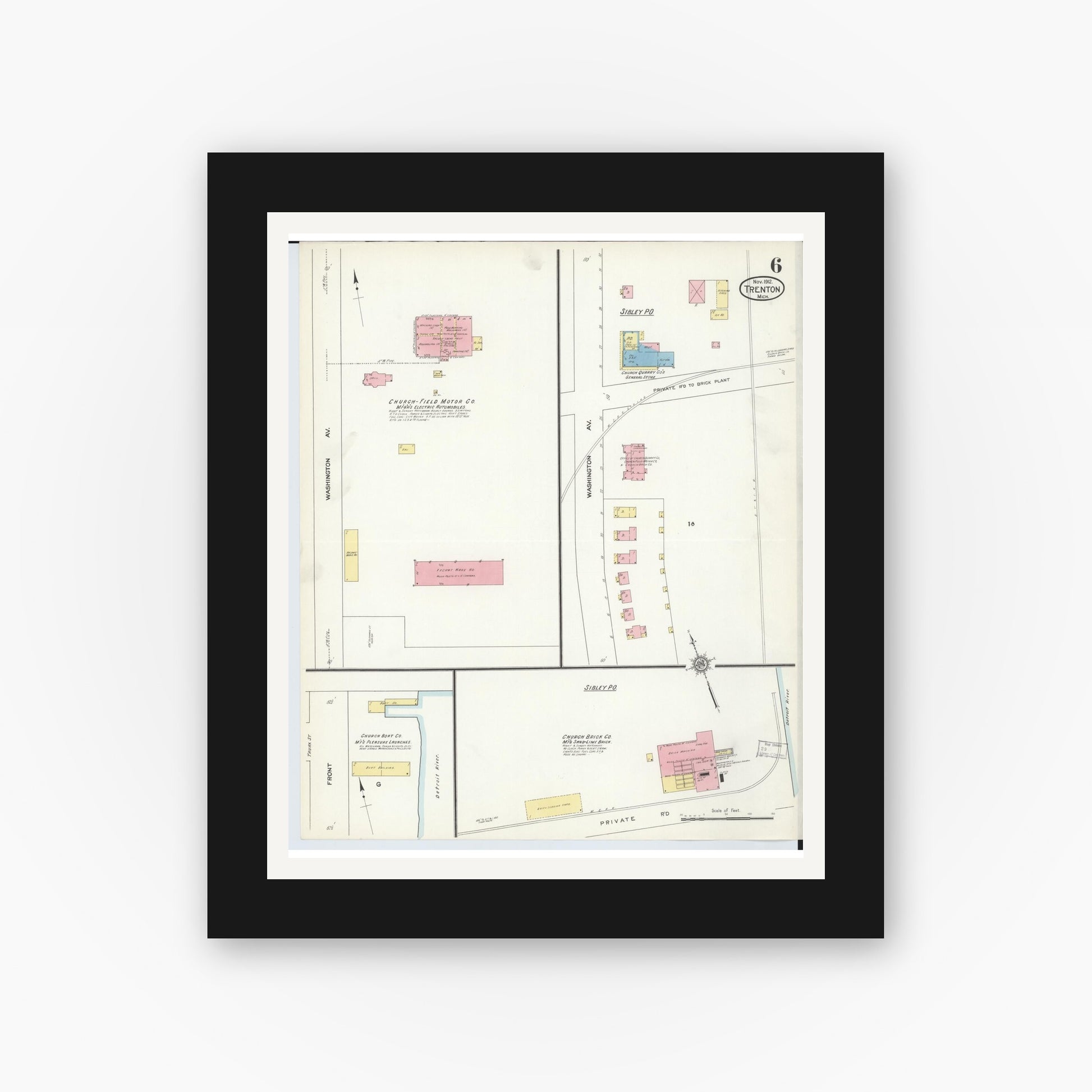 Old map wall art mockup — black gallery frame with white mat — Sanborn Fire Insurance Map from Trenton, Wayne County, Michigan (1912), Sheet #0006