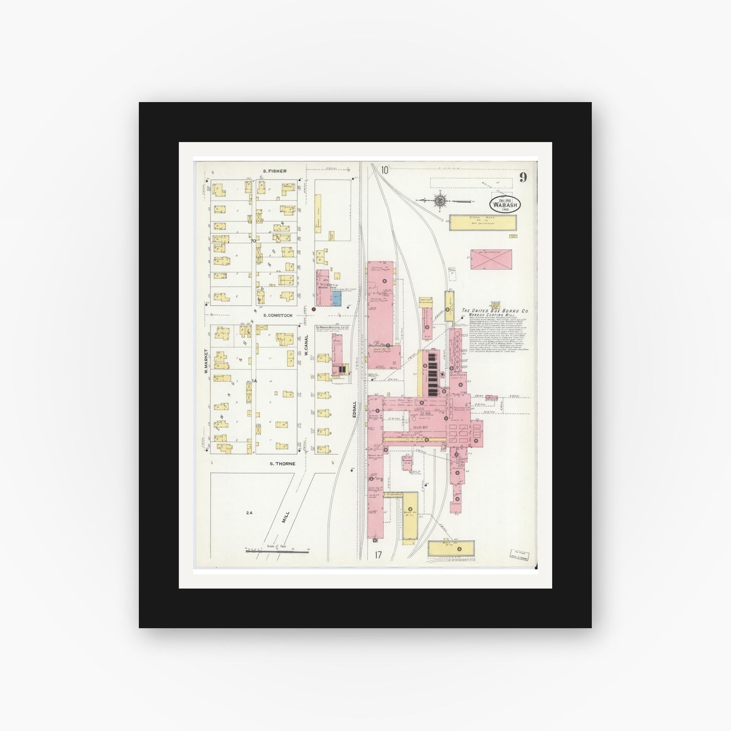Old map wall art mockup — black gallery frame with white mat — Sanborn Fire Insurance Map from Wabash, Wabash County, Indiana (1910), Sheet #0009