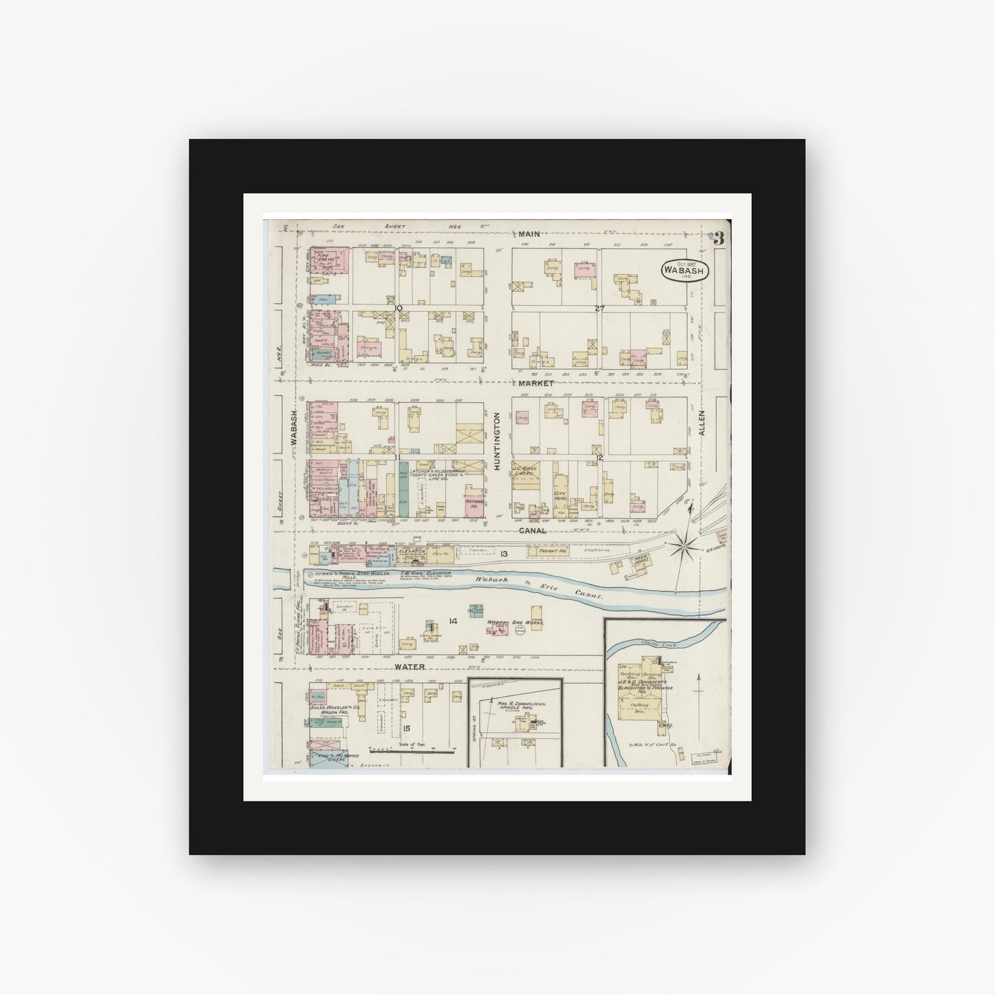 Old map wall art mockup — black gallery frame with white mat — Sanborn Fire Insurance Map from Wabash, Wabash County, Indiana (1887), Sheet #0003