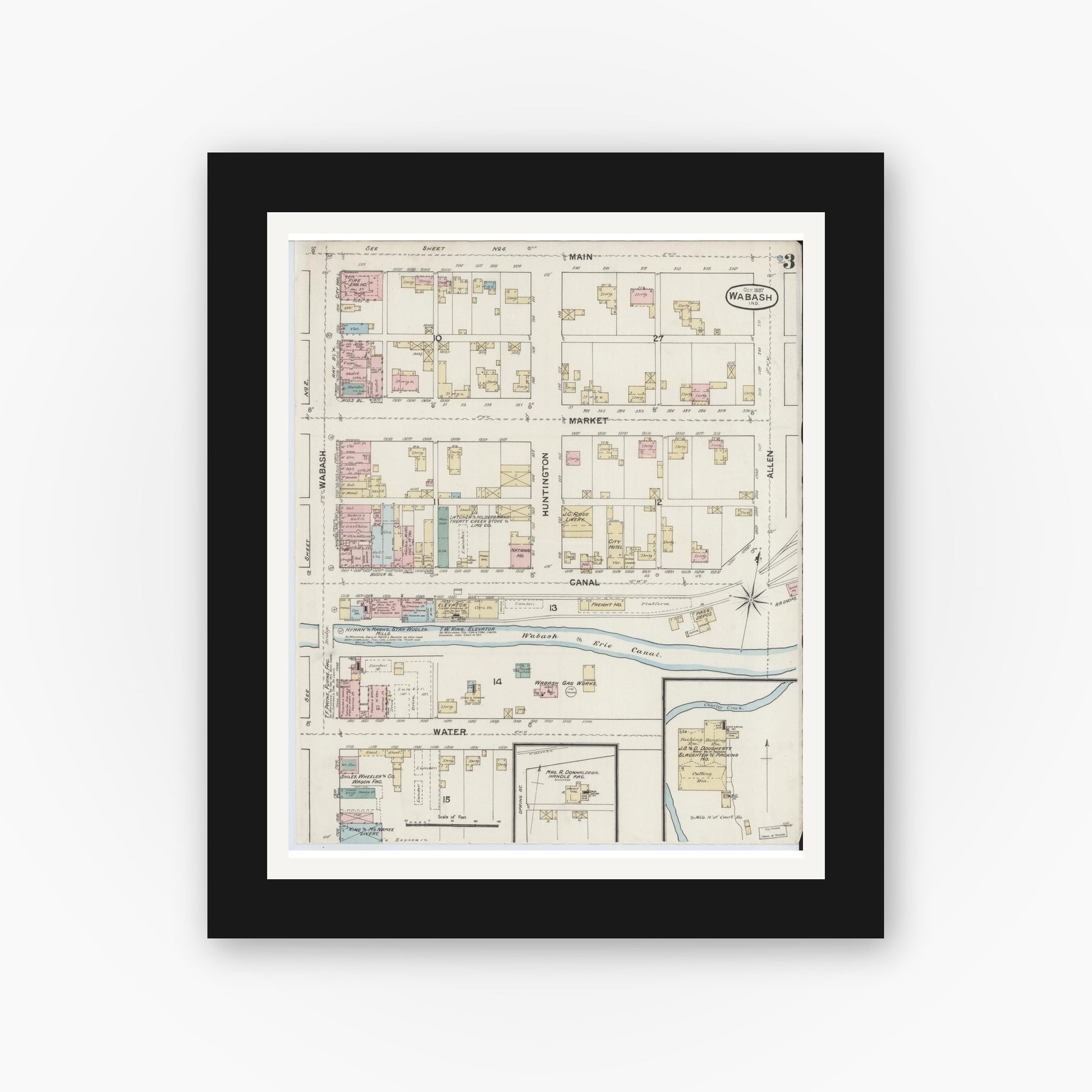 Old map wall art mockup — black gallery frame with white mat — Sanborn Fire Insurance Map from Wabash, Wabash County, Indiana (1887), Sheet #0003