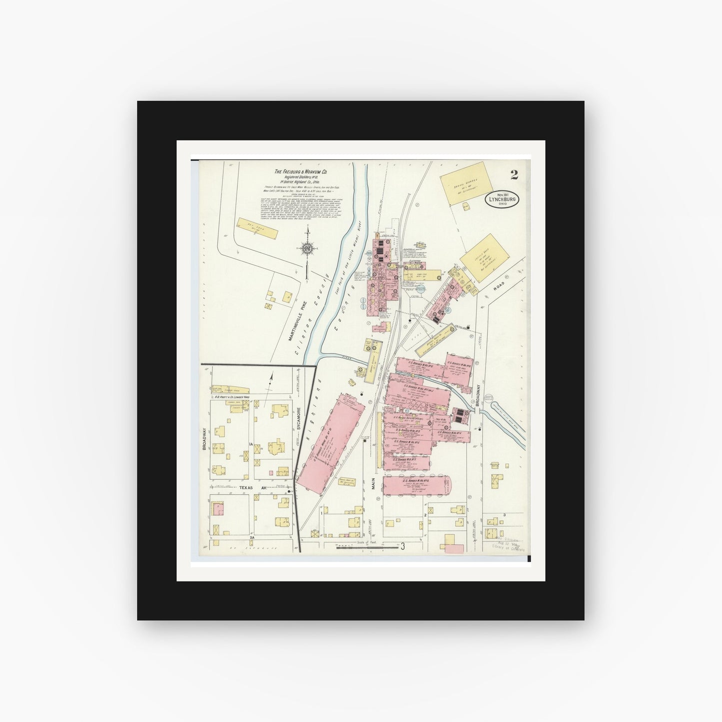 Old map wall art mockup — black gallery frame with white mat — Sanborn Fire Insurance Map from Lynchburg, Highland County, Ohio (1911), Sheet #0002