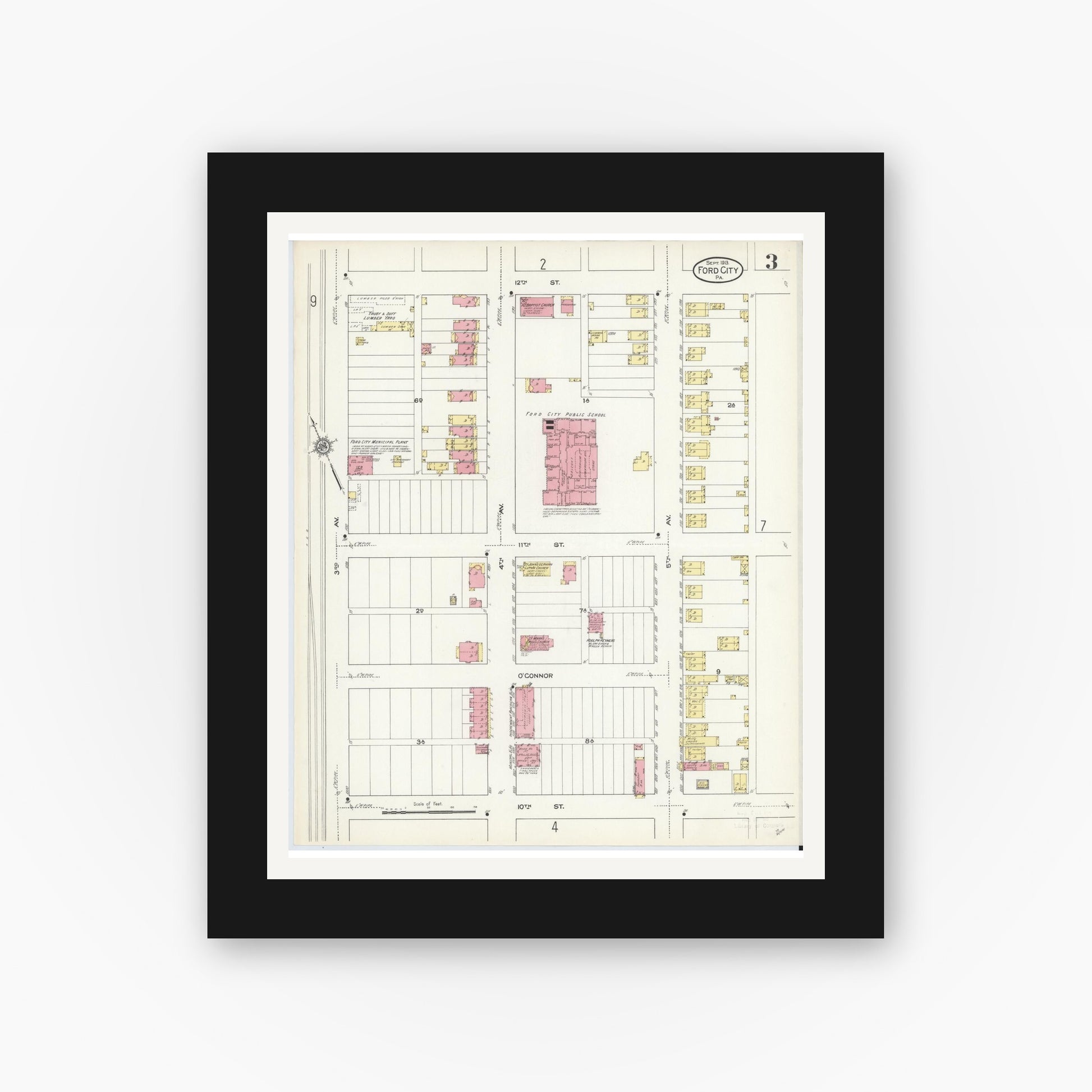 Old map wall art mockup — black gallery frame with white mat — Sanborn Fire Insurance Map from Ford City, Armstrong County, Pennsylvania (1913), Sheet #0003