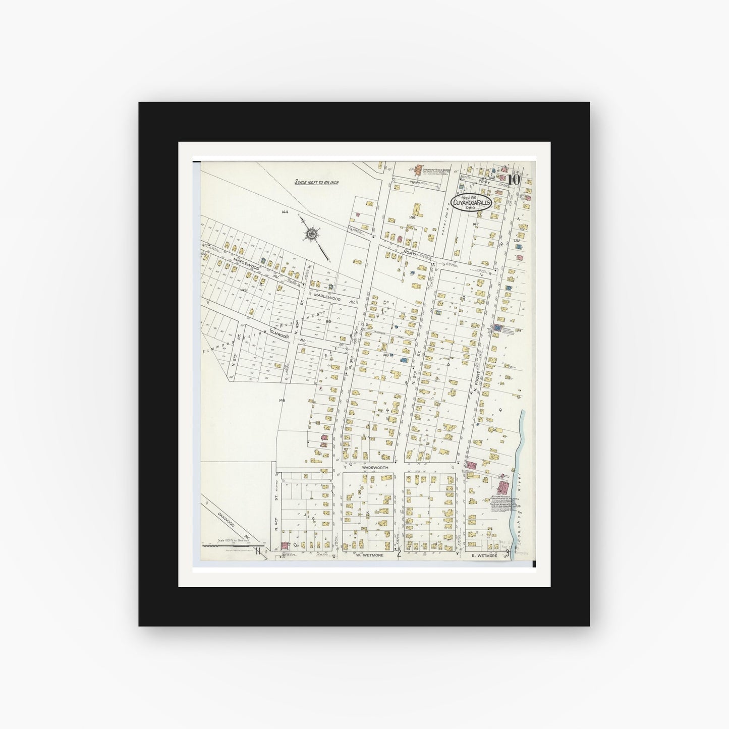 Old map wall art mockup — black gallery frame with white mat — Sanborn Fire Insurance Map from Cuyahoga Falls, Summit County, Ohio (1916), Sheet #0010
