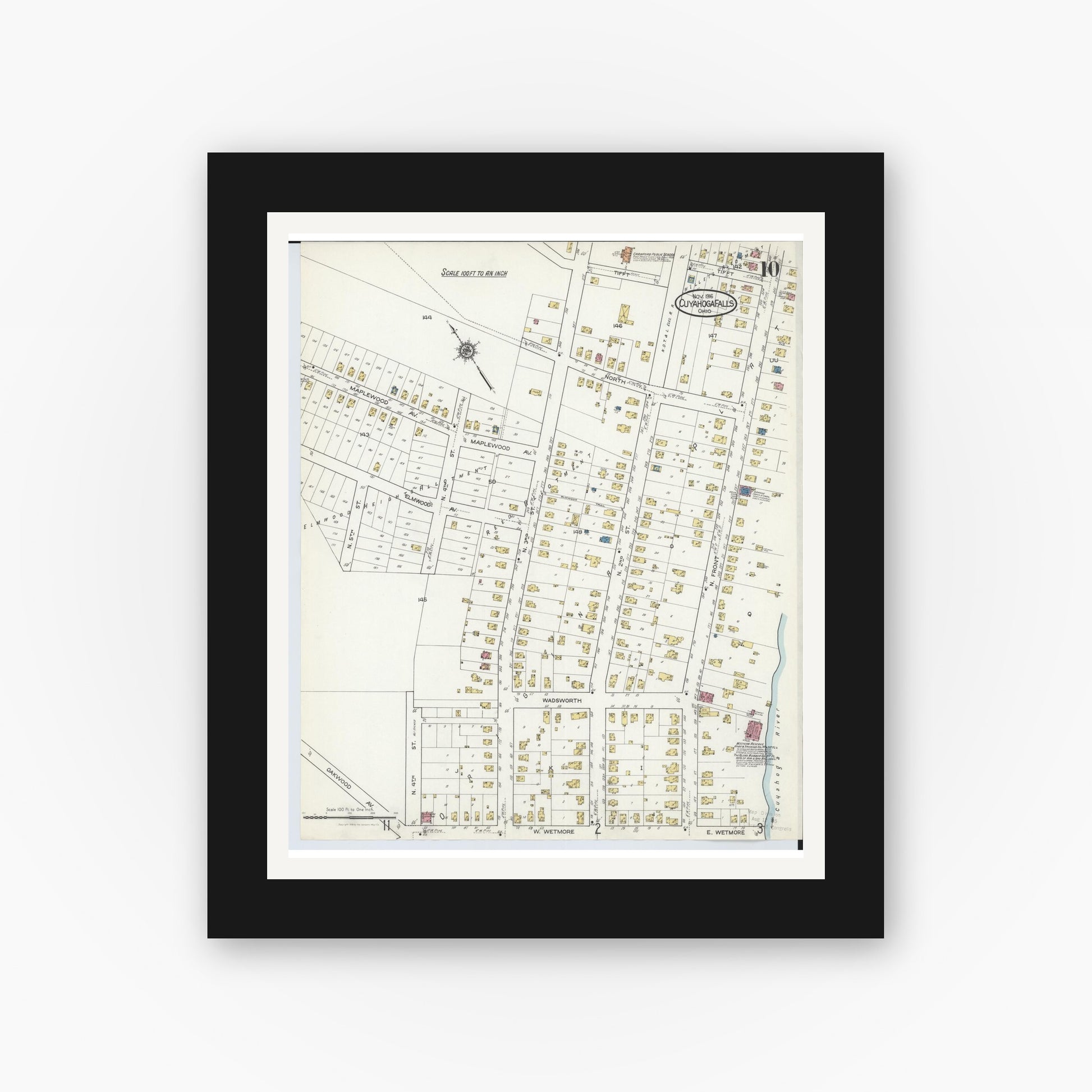 Old map wall art mockup — black gallery frame with white mat — Sanborn Fire Insurance Map from Cuyahoga Falls, Summit County, Ohio (1916), Sheet #0010