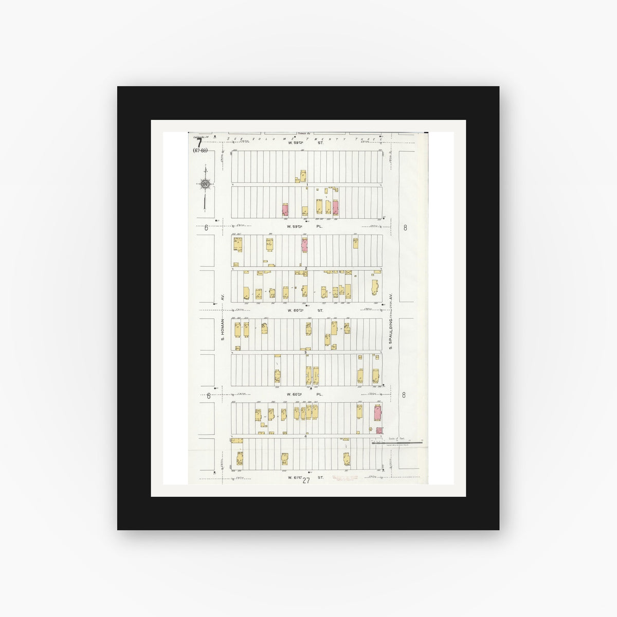 Old map wall art mockup — black gallery frame with white mat — Sanborn Fire Insurance Map from Chicago, Cook County, Illinois (1920), Sheet #0007