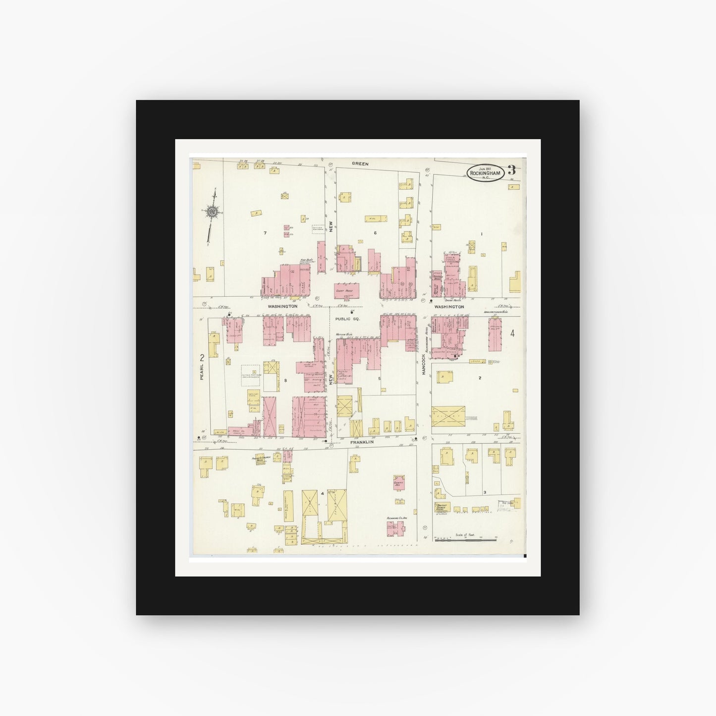 Old map wall art mockup — black gallery frame with white mat — Sanborn Fire Insurance Map from Rockingham, Richmond County, North Carolina (1911), Sheet #0003