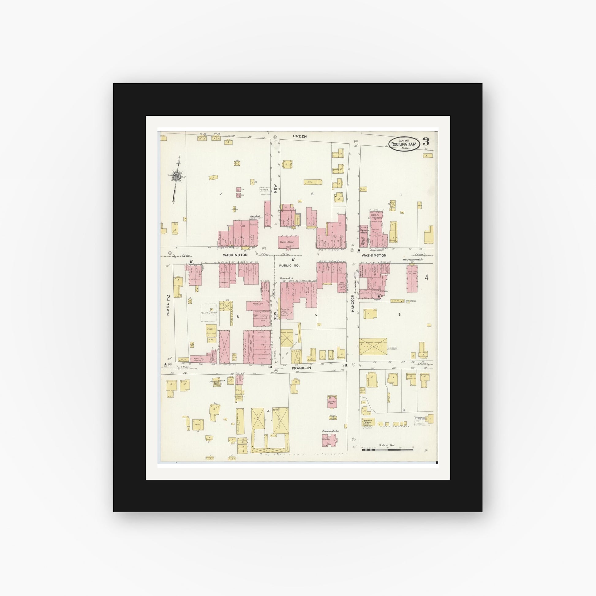 Old map wall art mockup — black gallery frame with white mat — Sanborn Fire Insurance Map from Rockingham, Richmond County, North Carolina (1911), Sheet #0003