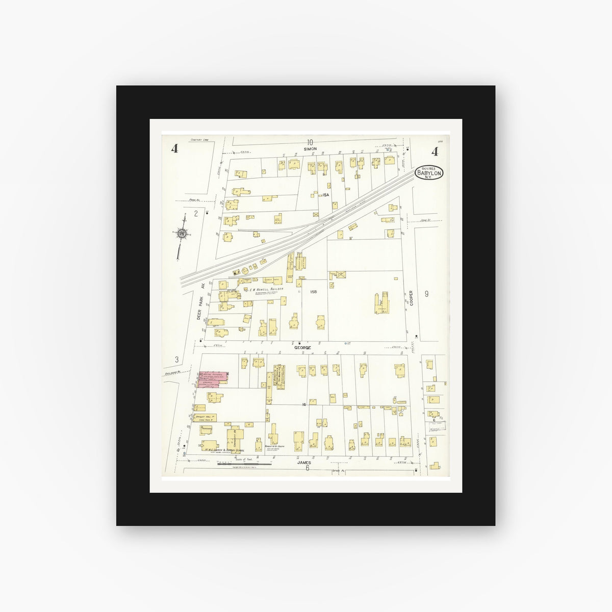 Old map wall art mockup — black gallery frame with white mat — Sanborn Fire Insurance Map from Babylon, Suffolk County, New York (1923), Sheet #0004