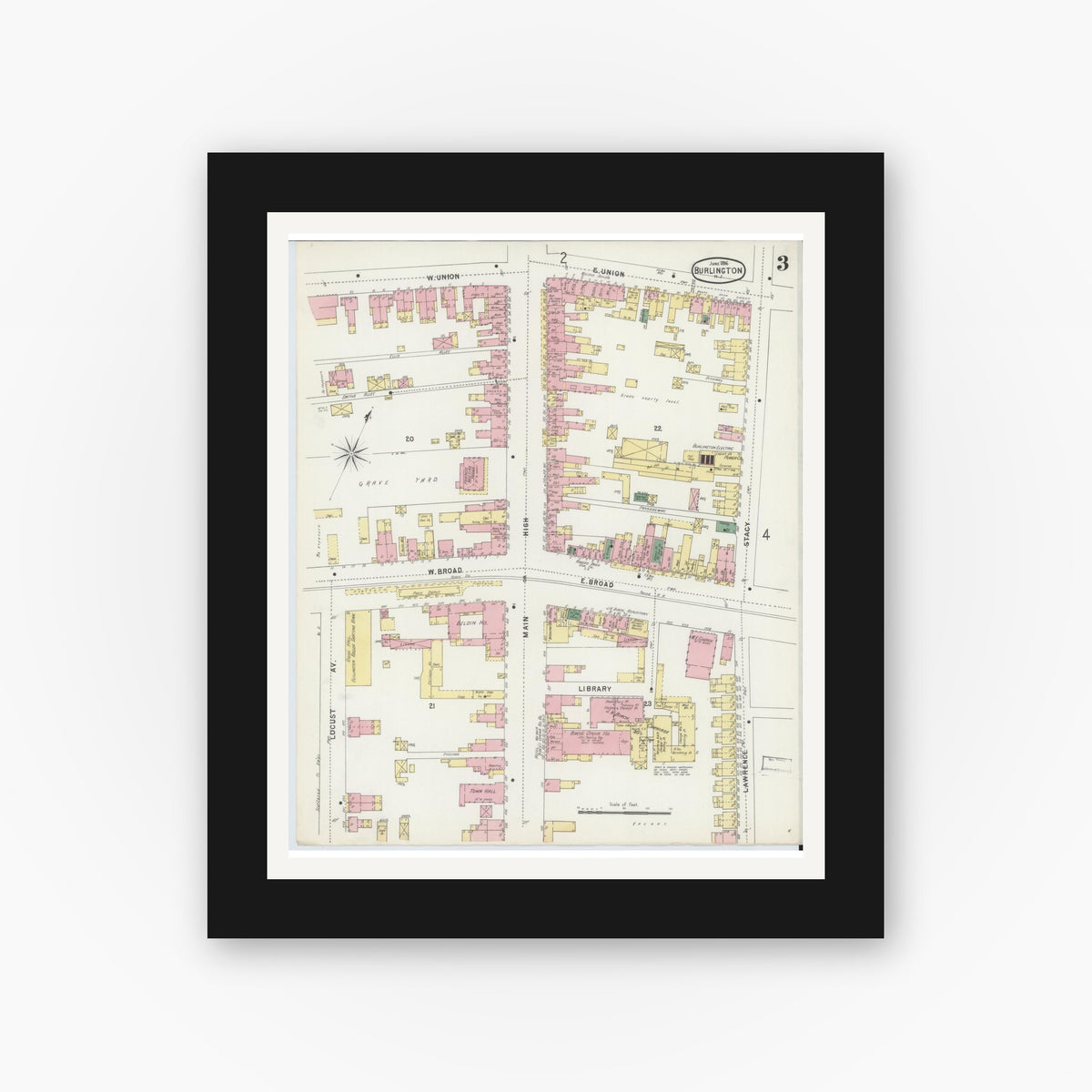 Old map wall art mockup — black gallery frame with white mat — Sanborn Fire Insurance Map from Burlington, Burlington County, New Jersey (1896), Sheet #0003