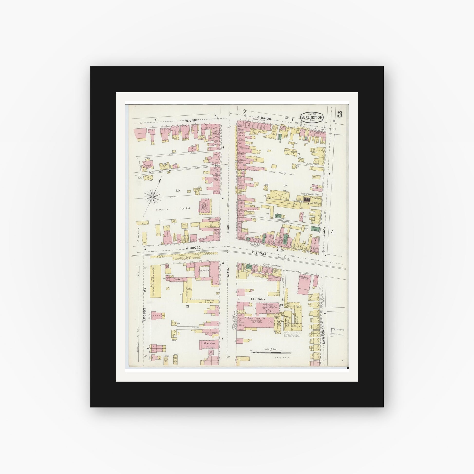 Old map wall art mockup — black gallery frame with white mat — Sanborn Fire Insurance Map from Burlington, Burlington County, New Jersey (1896), Sheet #0003