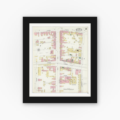Old map wall art mockup — black gallery frame with white mat — Sanborn Fire Insurance Map from Burlington, Burlington County, New Jersey (1896), Sheet #0003