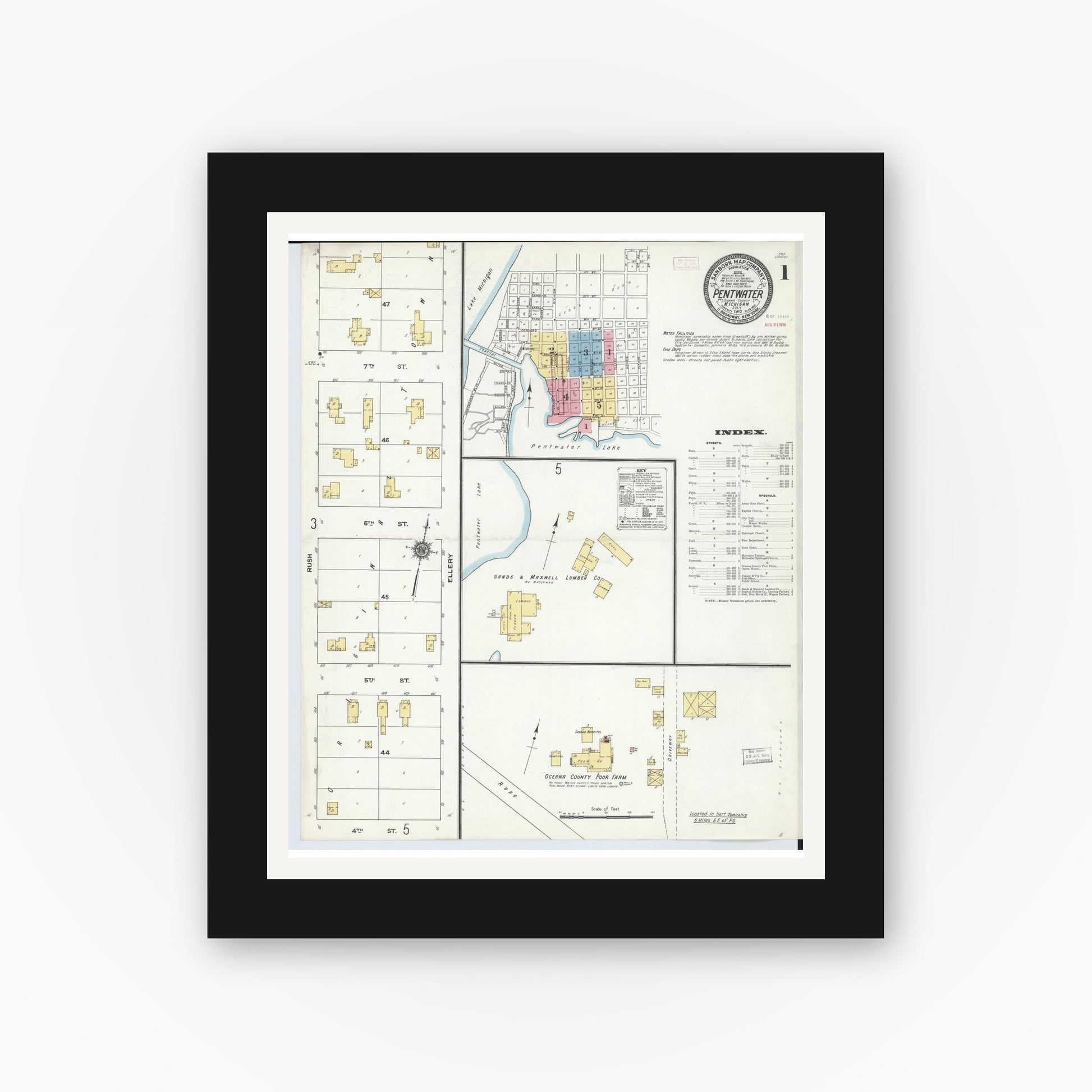 Old map wall art mockup — black gallery frame with white mat — Sanborn Fire Insurance Map from Pentwater, Oceana County, Michigan (1910) - Complete Map Set