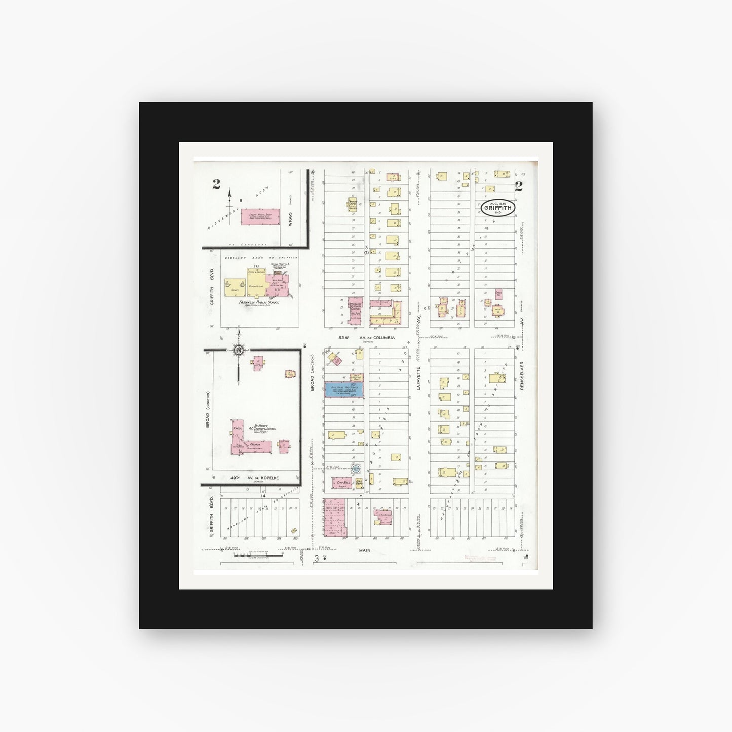 Old map wall art mockup — black gallery frame with white mat — Sanborn Fire Insurance Map from Griffith, Lake County, Indiana (1930), Sheet #0002