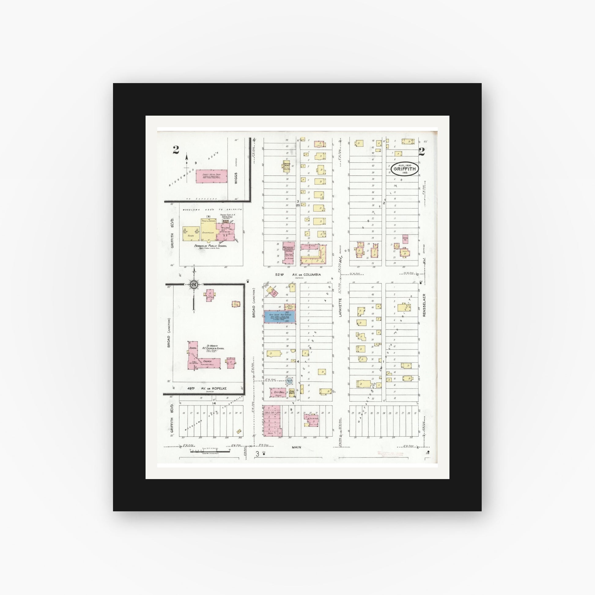 Old map wall art mockup — black gallery frame with white mat — Sanborn Fire Insurance Map from Griffith, Lake County, Indiana (1930), Sheet #0002