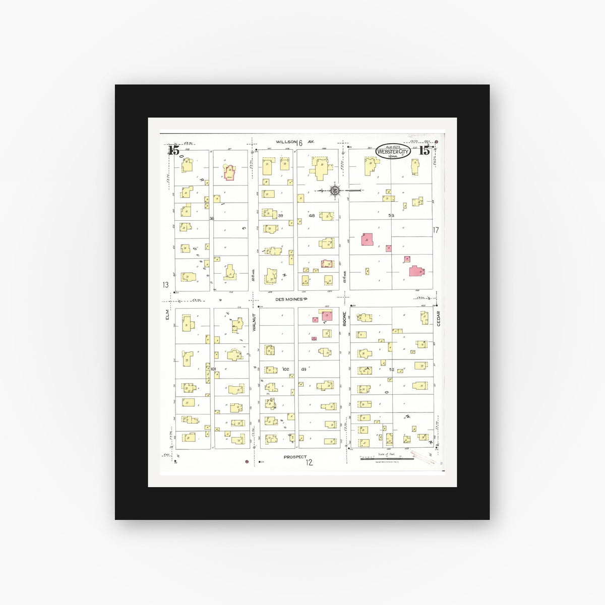 Old map wall art mockup — black gallery frame with white mat — Sanborn Fire Insurance Map from Webster City, Hamilton County, Iowa (1923), Sheet #0015