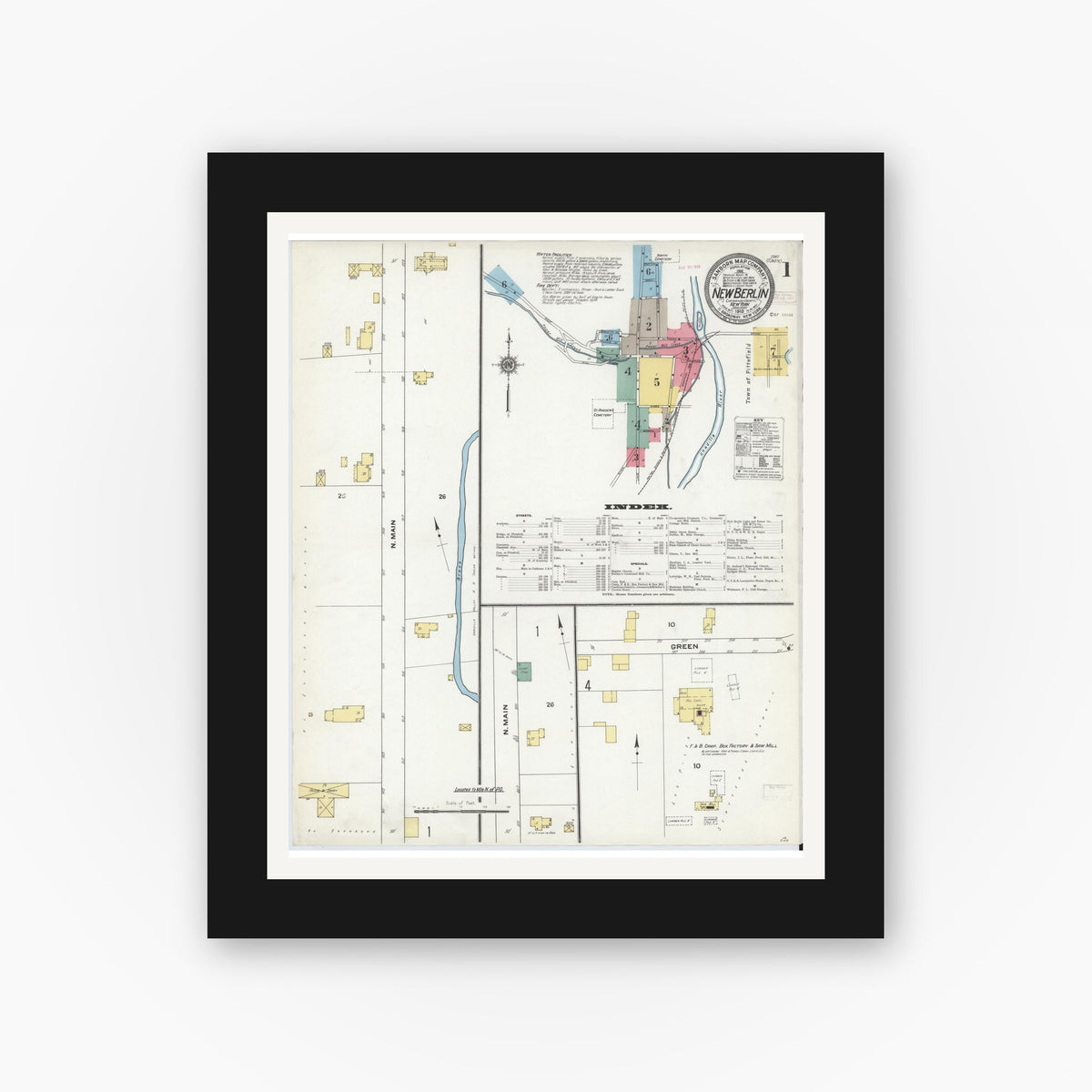 Old map wall art mockup — black gallery frame with white mat — Sanborn Fire Insurance Map from New Berlin, Chenango County, New York (1910) - Complete Map Set