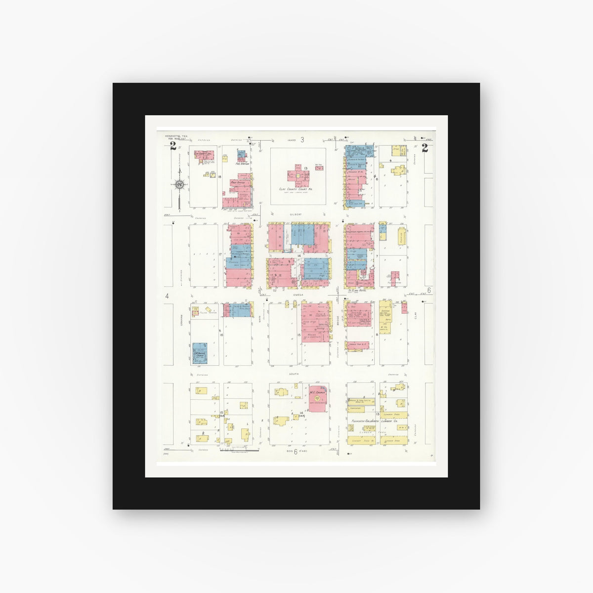 Old map wall art mockup — black gallery frame with white mat — Sanborn Fire Insurance Map from Henrietta, Clay County, Texas (1934), Sheet #0002
