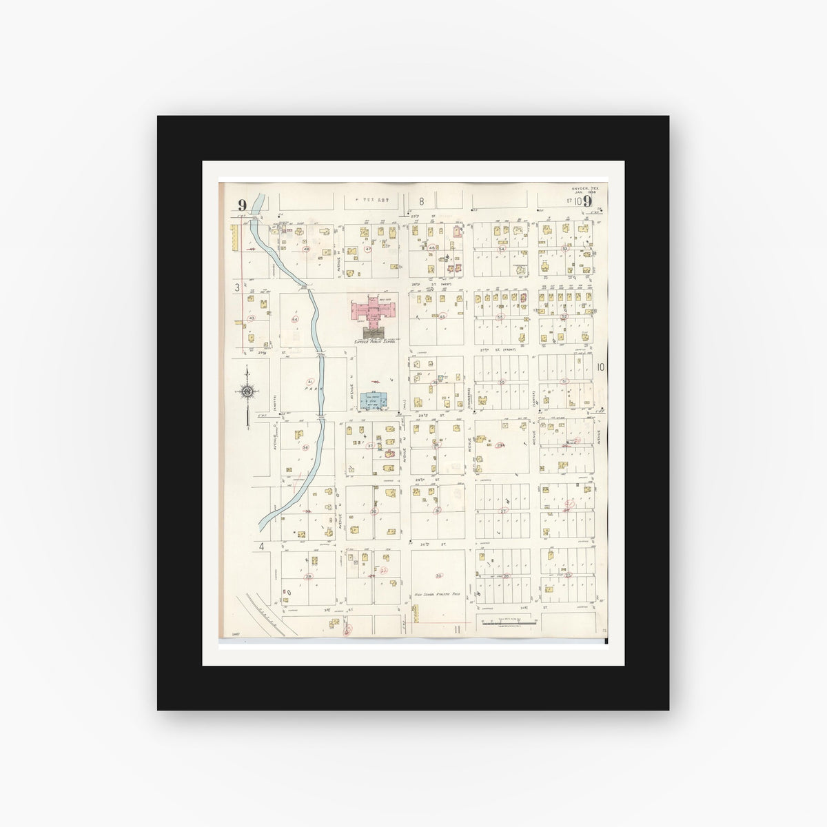 Old map wall art mockup — black gallery frame with white mat — Sanborn Fire Insurance Map from Snyder, Scurry County, Texas (1942), Sheet #0009