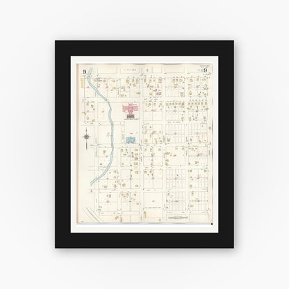 Old map wall art mockup — black gallery frame with white mat — Sanborn Fire Insurance Map from Snyder, Scurry County, Texas (1942), Sheet #0009