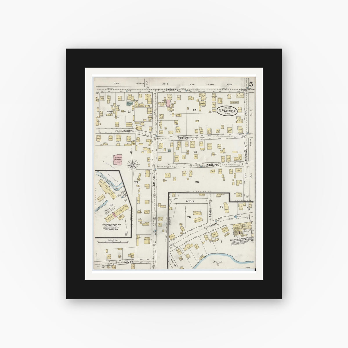 Old map wall art mockup — black gallery frame with white mat — Sanborn Fire Insurance Map from Spencer, Worcester County, Massachusetts (1887), Sheet #0005