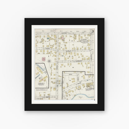 Old map wall art mockup — black gallery frame with white mat — Sanborn Fire Insurance Map from Spencer, Worcester County, Massachusetts (1887), Sheet #0005